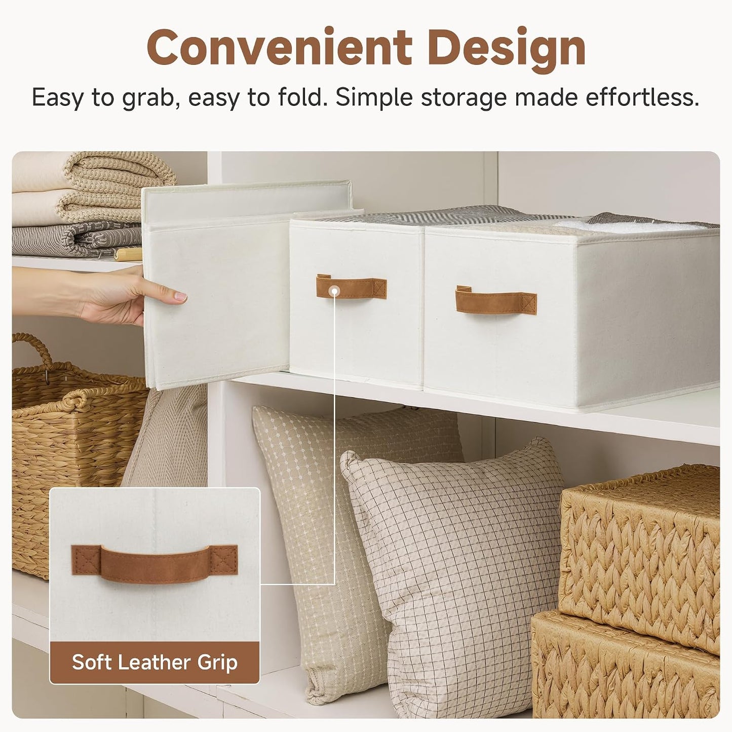 StorageWorks Closet Storage Bins with PU Handles, Ivory White, Large | Closet Organizers and Storage Bins, Foldable Shelf Baskets, Clothes Storage Basket for Organization