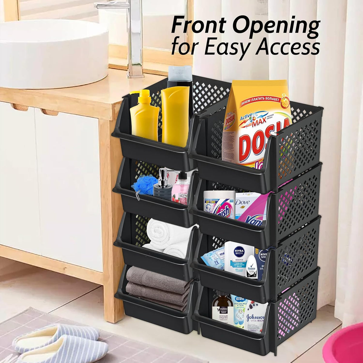 TidyFriend 4 Pack Stackable Storage Bins Open Front for Pantry Organizers and Storage, Pantry Storage for Food, Kitchen and Home Organization, Plastic Storage Bins, Dorm Room Essentials (Black)