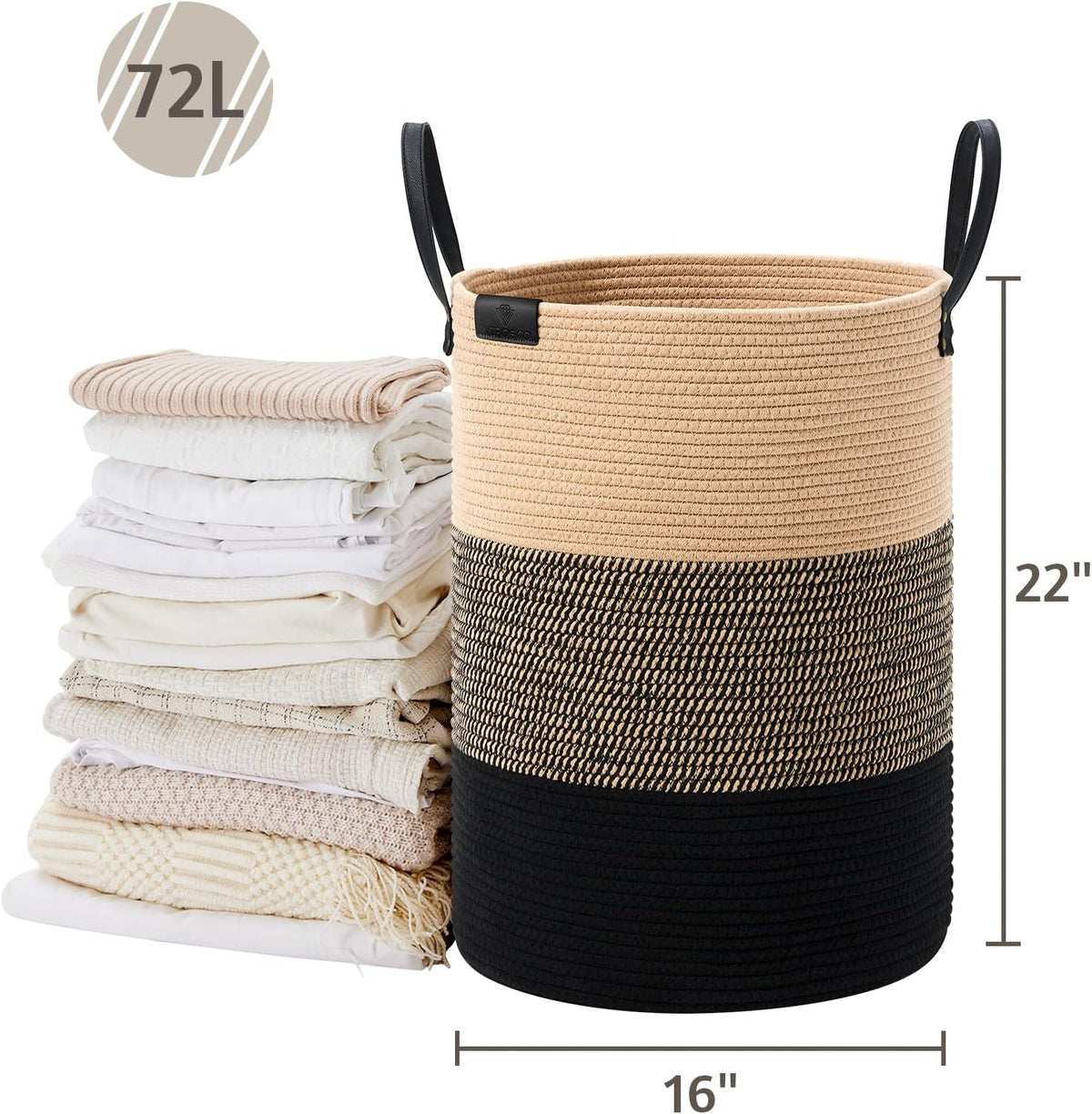 VIPOSCO 72L Tall Woven Rope Laundry Hamper, Leather Handles, Brown & Black