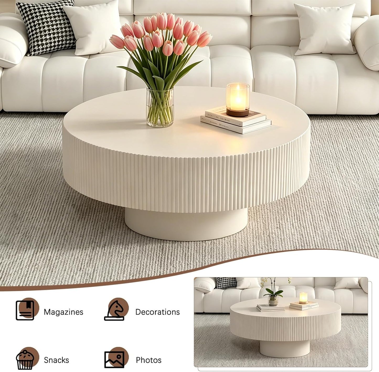 30.91" Round Drum Coffee Table,White Thickened | Modern Handcraft Fluted Accent Table, Sturdy Pedestal Circle, Luxury Center Table, For Living Room Home Office