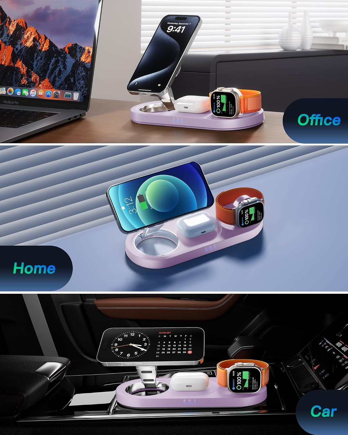 Foldable 3 in 1 Wireless Charging Station for Apple Mag-Safe Charger Stand | Fast Magnetic Wireless Charger Station for iPhone 17 Air 16 15 14 13 12, Apple Watch, AirPods Pro/4/3/2, and More (Purple)