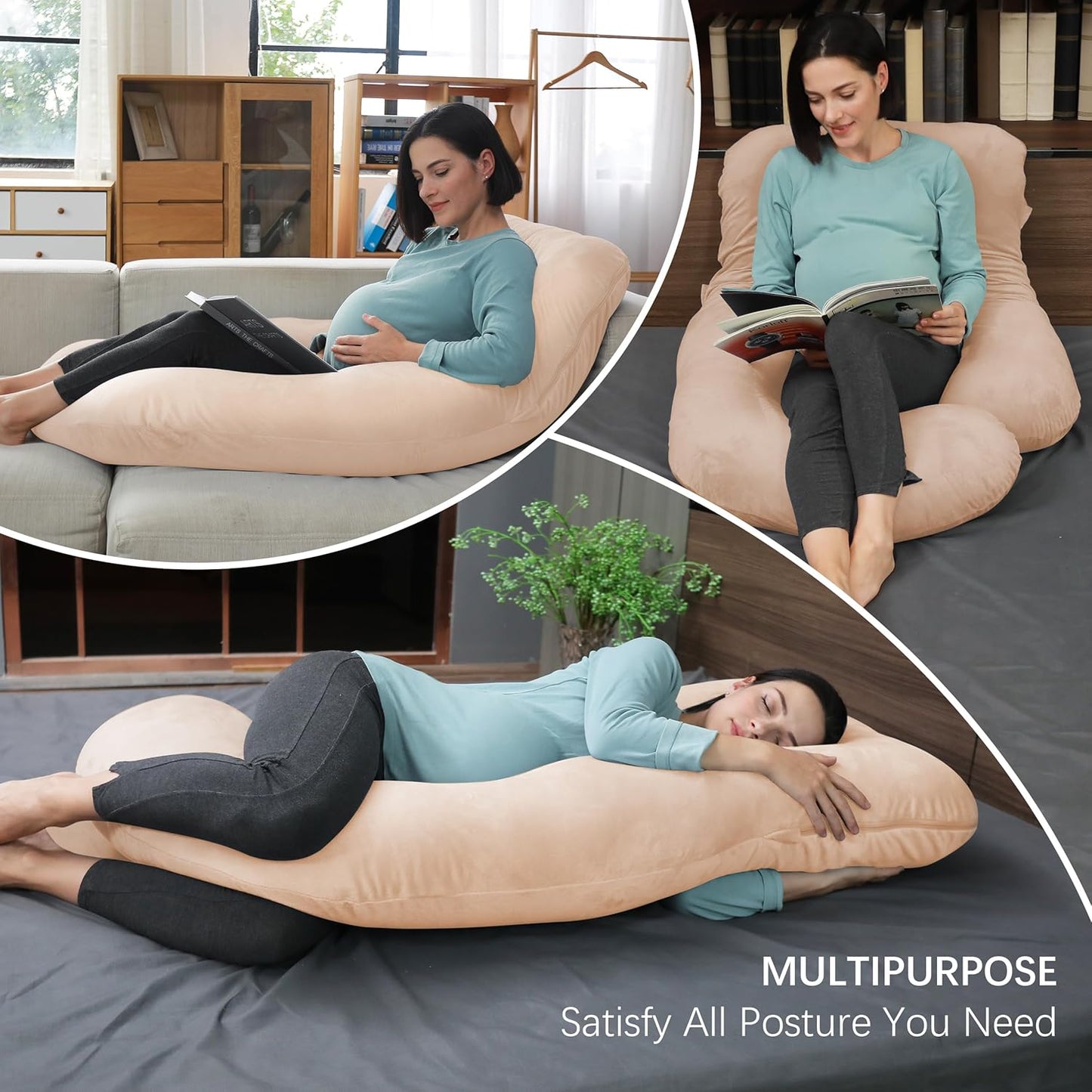 MOON PARK Pregnancy Pillows for Sleeping - U Shaped Full Body Maternity Pillow with Removable Cover - Support for Back, Legs, Belly, Hips - 57 Inch Pregnancy Pillow for Women - Brown