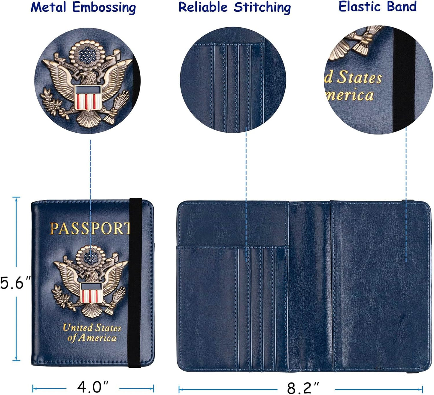 TOURSUIT RFID Blocking Passport Holder for Women Men, Leather Passport Travel Wallet with 3D Metal Badge, Travel Document Holder Cover Accessories (Dark Blue)