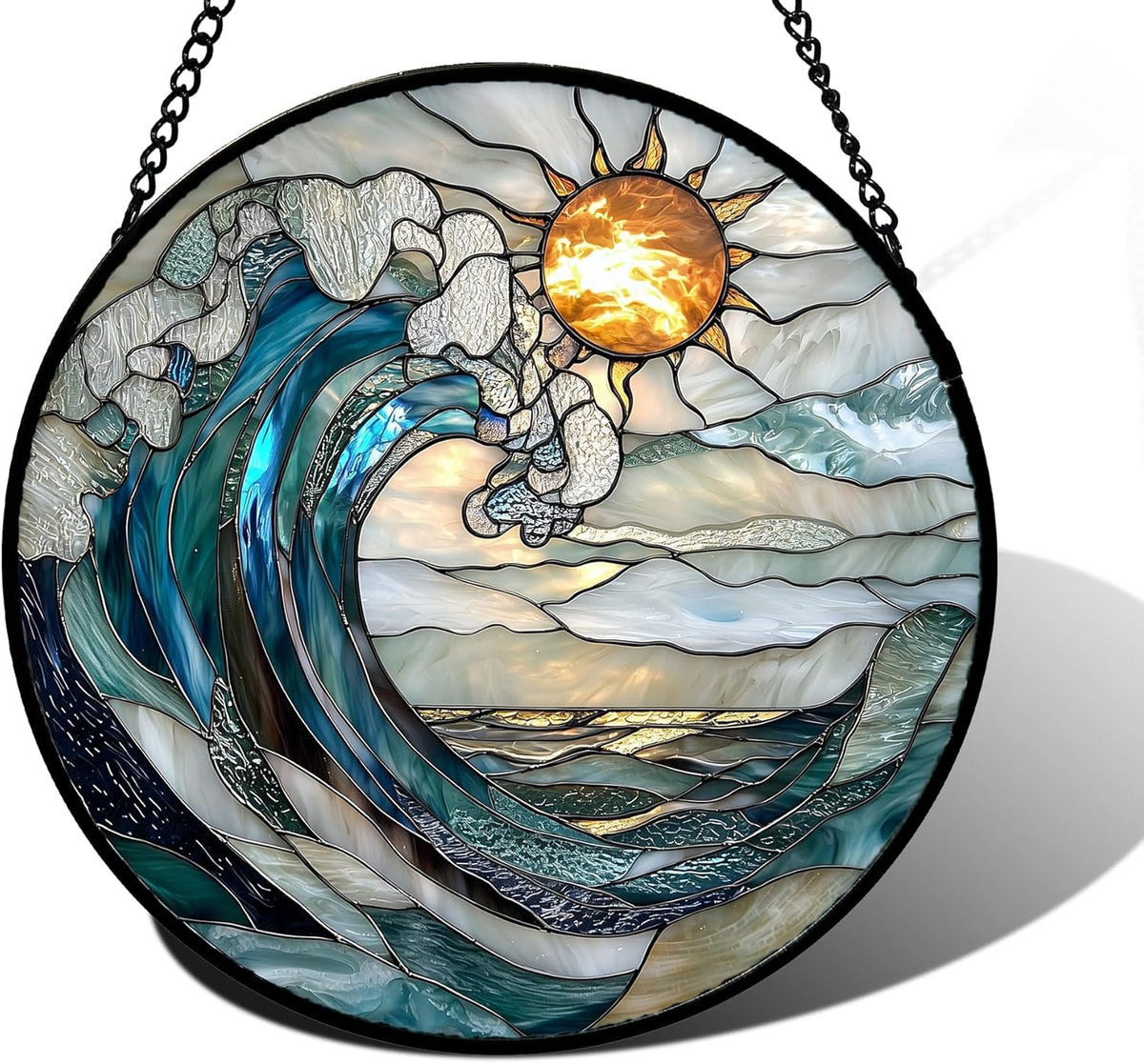 Blue and White Waves Stained Glass Window Hanging Suncatcher Gifts 12"