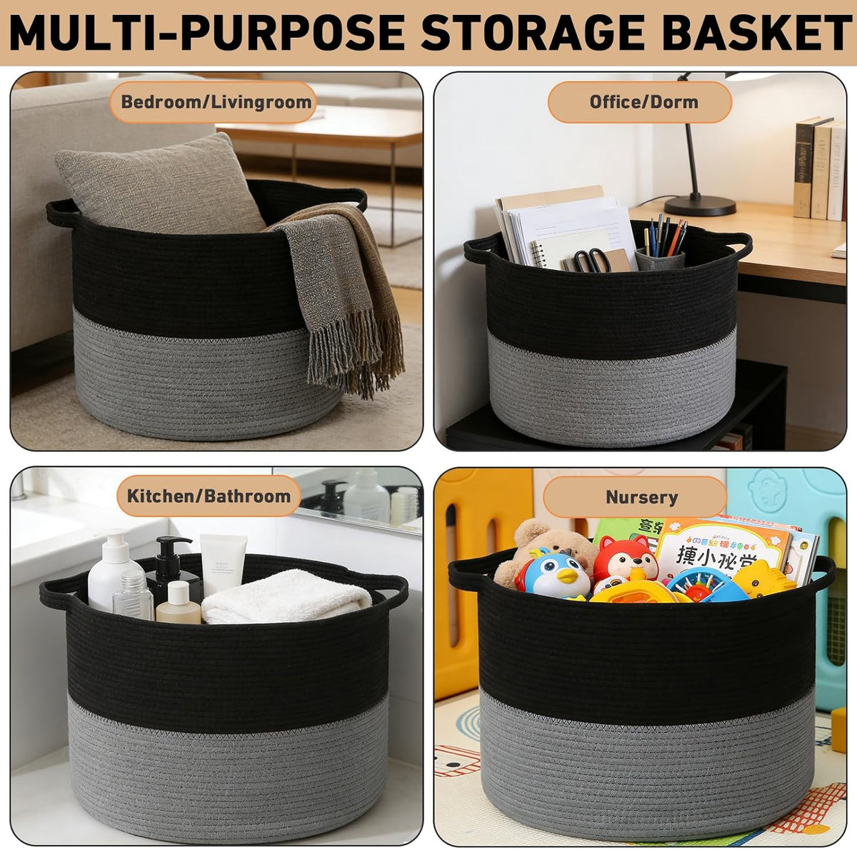 65L Large Blanket Basket,Woven Rope Laundry Basket-Black&Dark Grey | Collapsible, reinforced handles, nursery storage bin organizes clothes, toys and pillows for living room, bedroom bathroom