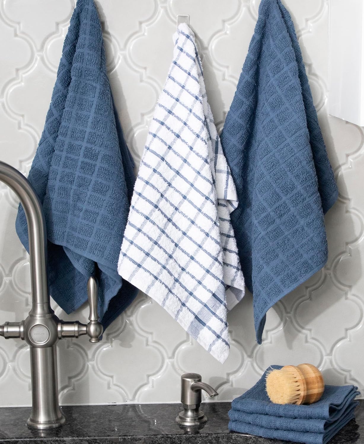 Ritz Premium Kitchen Towel and Dish Cloth Value Set: Highly Absorbent, Super Soft, Long-Lasting, 100% Cotton Checked and Solid Hand Towels, Tea Towels, Bar Towels - 12-Pack, Federal Blue/Graphite