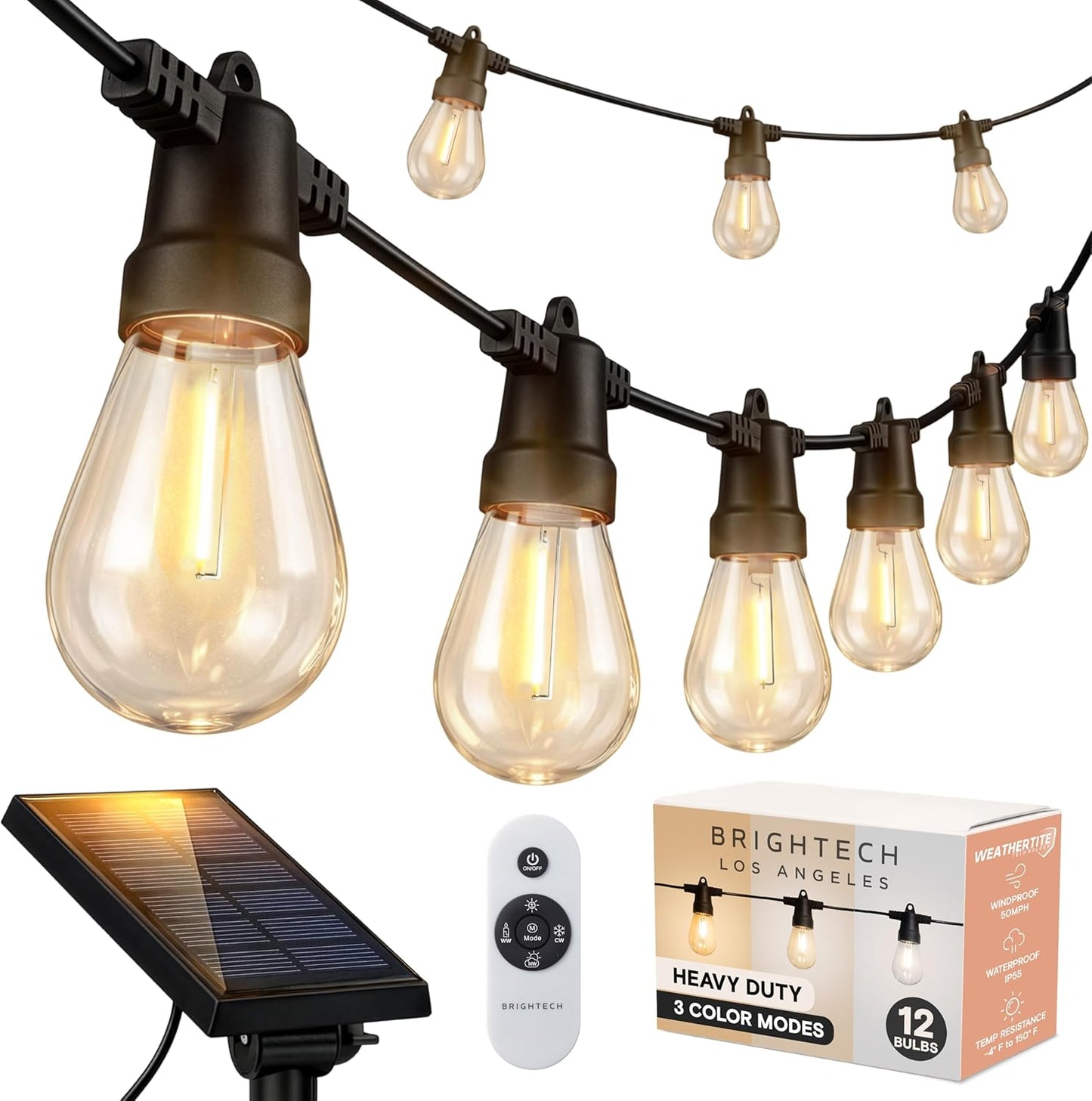 Brightech Ambience Pro Solar Powered Outdoor String Lights -27 ft Commercial Grade Waterproof Edison Patio Lights, Shatterproof LED String Lights for Outside, Porch - 12 Bulbs, 1W Soft White