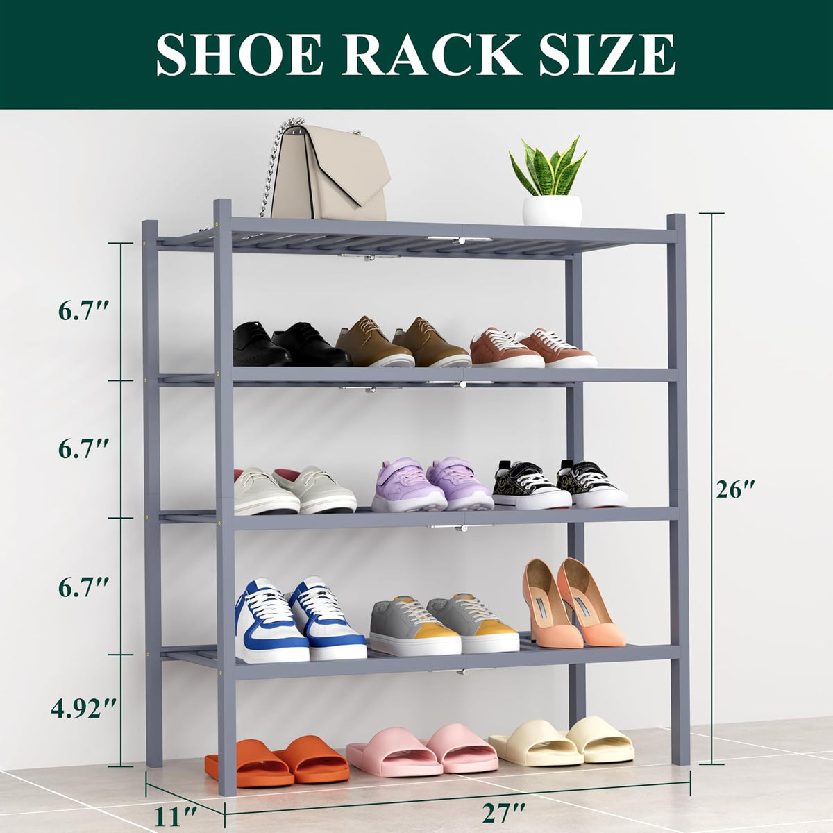 Smiry Bamboo Shoe Rack, 14 Vertical Slats, 4 Tier - 26.8" Wide, Grey