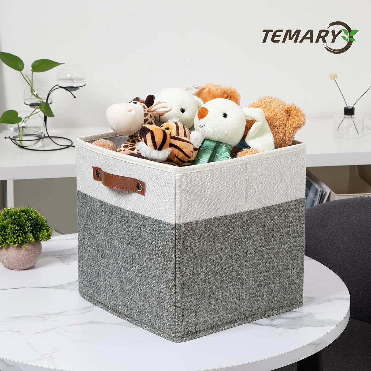 Temary Storage Cubes 12x12 Fabric Cube Storage Bins Foldable Storage Baskets with Handles, Decorative Storage Boxes for Organizing, Home, Office, Nursery, Shelf, Closet (White & Grey, 12 x 12 x 12)