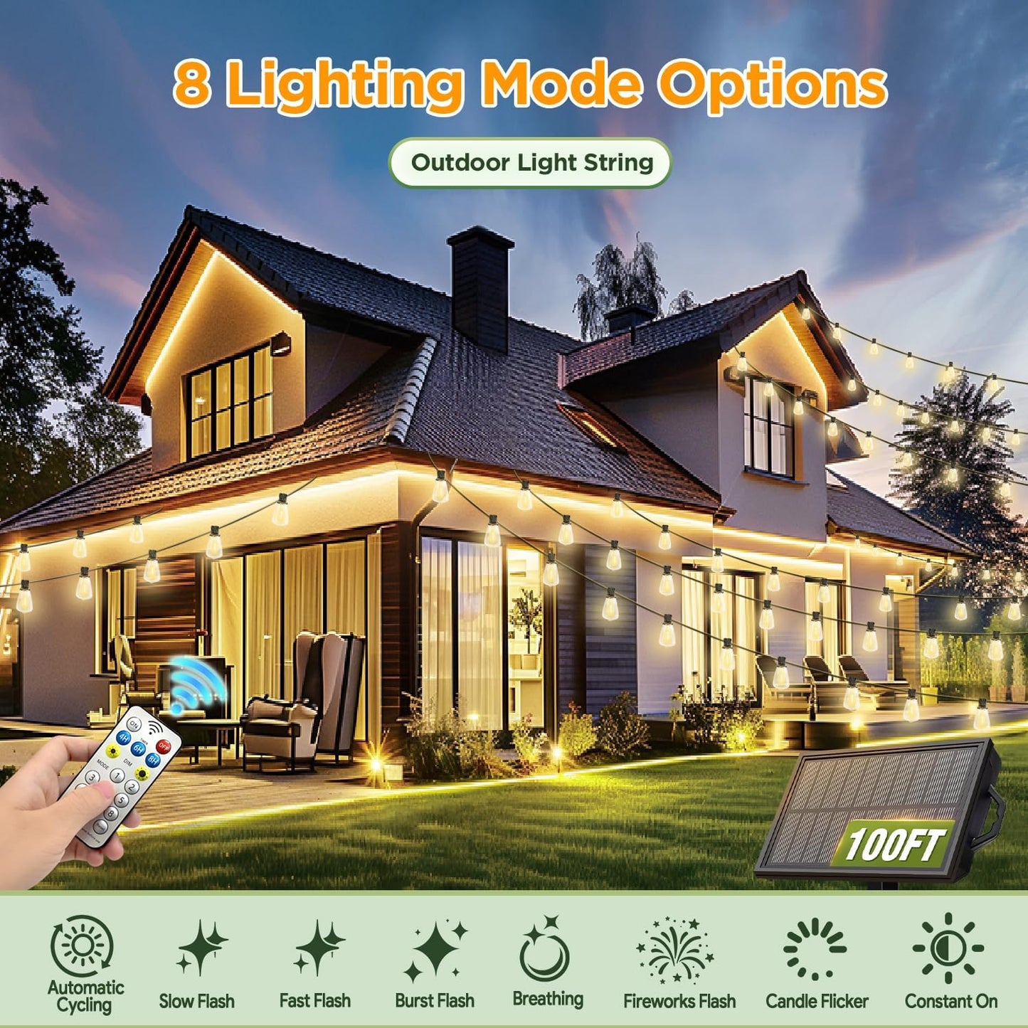 100FT Solar String Lights Outdoor Waterproof with Remote & Timer, LED Shatterproof ST38 Bulbs, USB & Solar Powered Patio Lights for Backyard, Porch, Garden, Wedding Decor, Dusk to Dawn Lighting