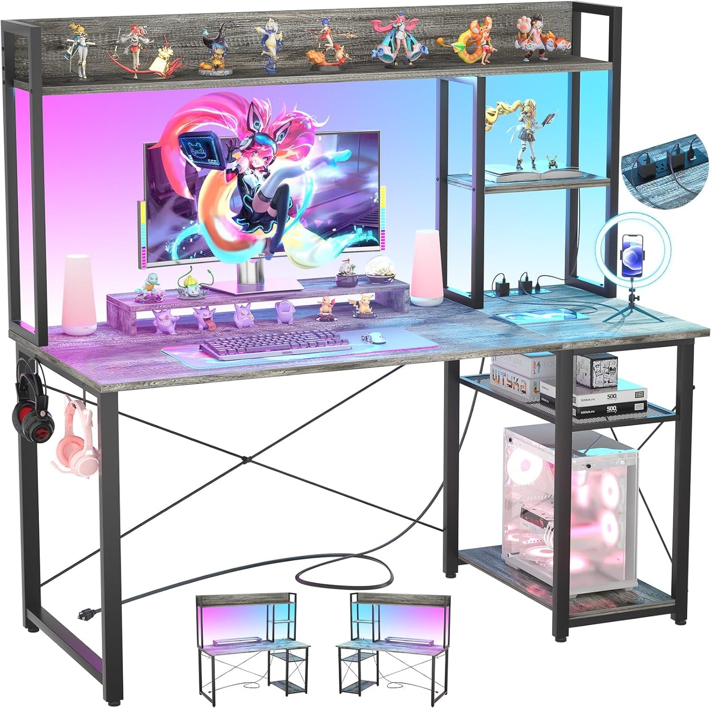 Cyclysio Gaming Desk with Hutch, 39'' Computer Desk with LED Lights & Power Outlets, Home Office Desk with Reversible 5 Tiers Storage Shelves & Monitor Stand, Small Gaming Table for Small Space, White