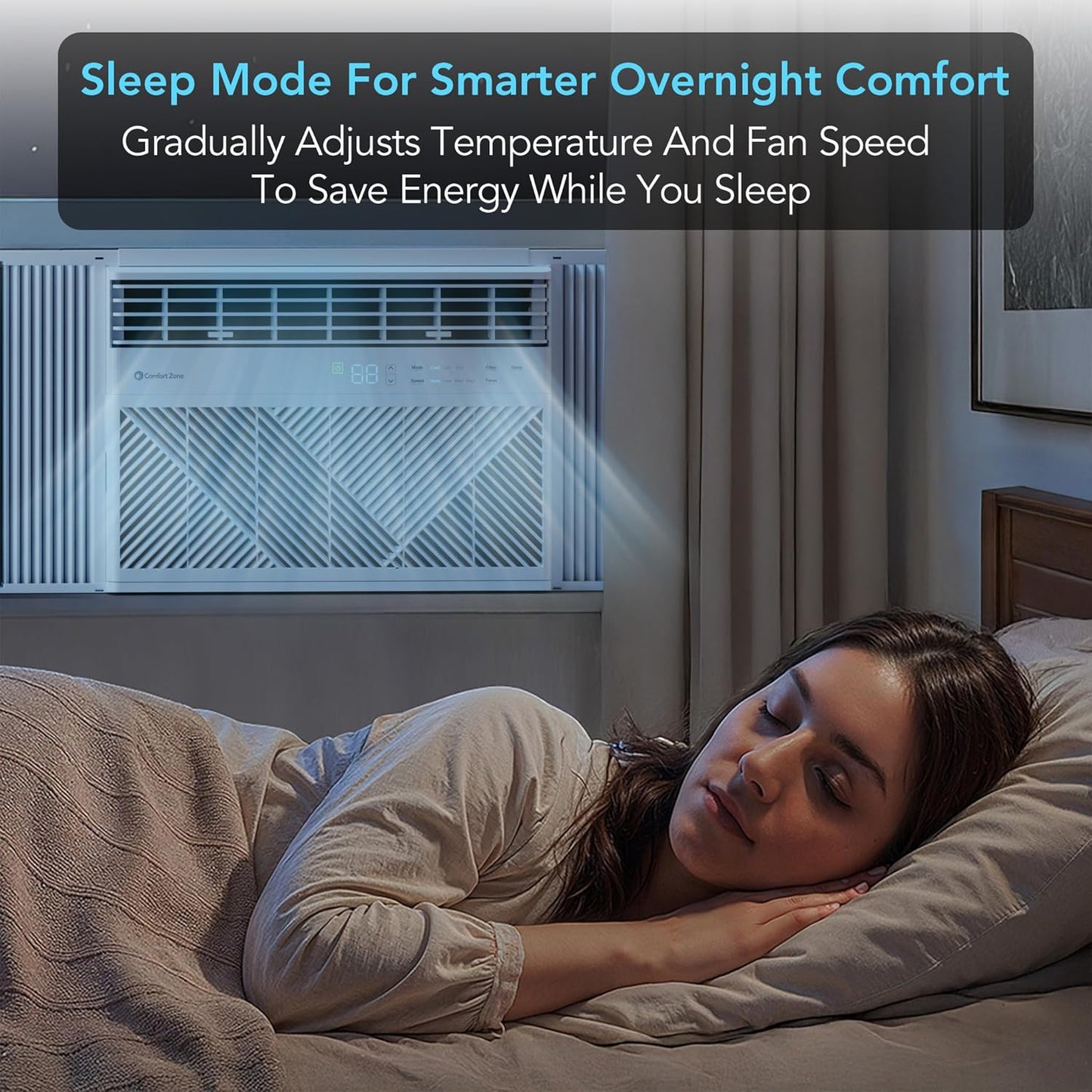 Comfort Zone Window Mounted Smart Wi-Fi Room Air Conditioner with Remote Control, 8,000 BTU, Digital Display, 4 Speed Settings, 4 Mode Settings, 24-Hour Timer, Sleep Setting, and Eco Mode, CZ12758