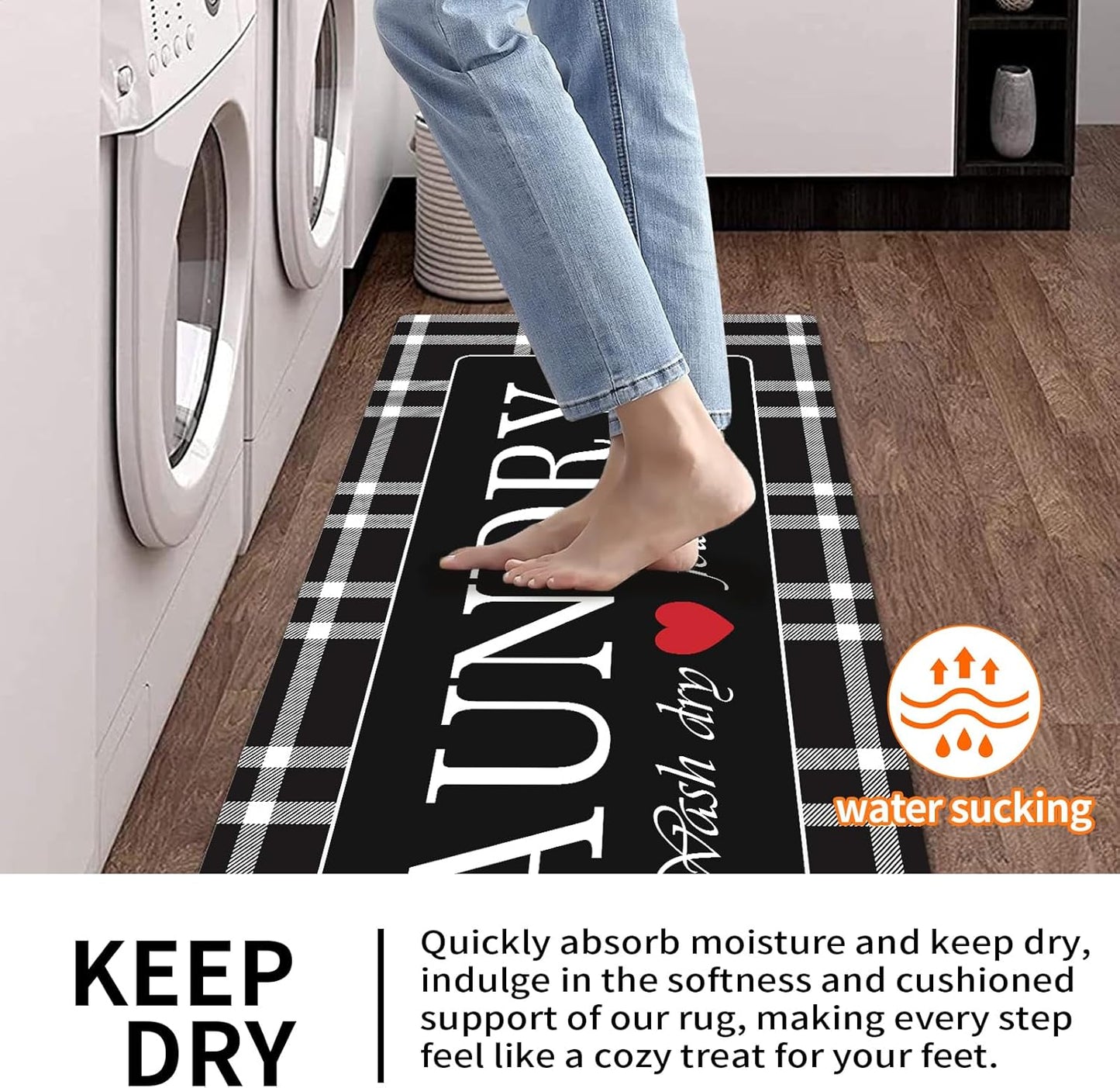 XLHOMO Laundry Room Rug Runner, 17"x47" Buffalo Plaid Non Slip Black Laundry Rugs, Farmhouse Washable Floor Laundry Mats for Laundry Room, Mudroom, Kitchen, Washroom, Bathroom, Entryway Rugs Decor