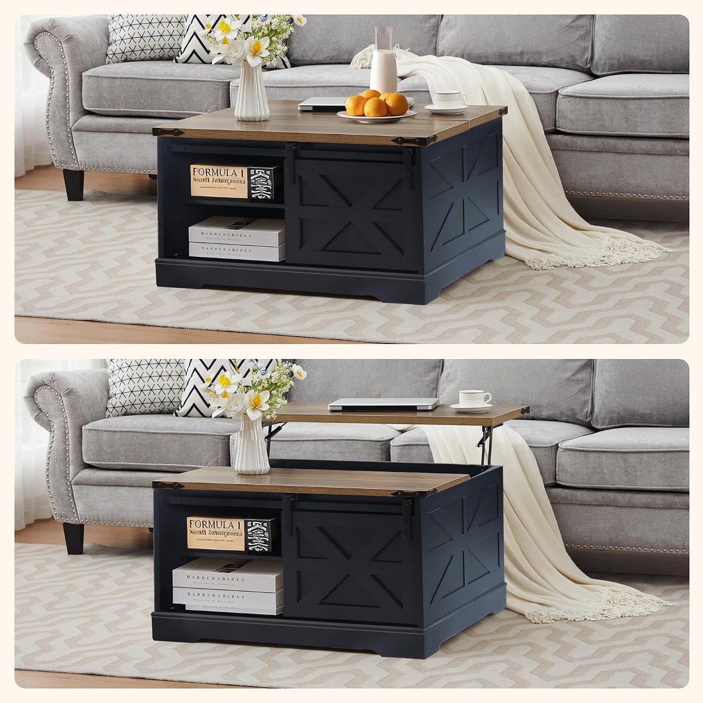 Farmhouse Lift Top Coffee Table, Wood Square Coffee Table with Sliding Barn Door and Adjustable Shelf Rustic Center Table with Hidden Storage Compartment for Living Room, Black