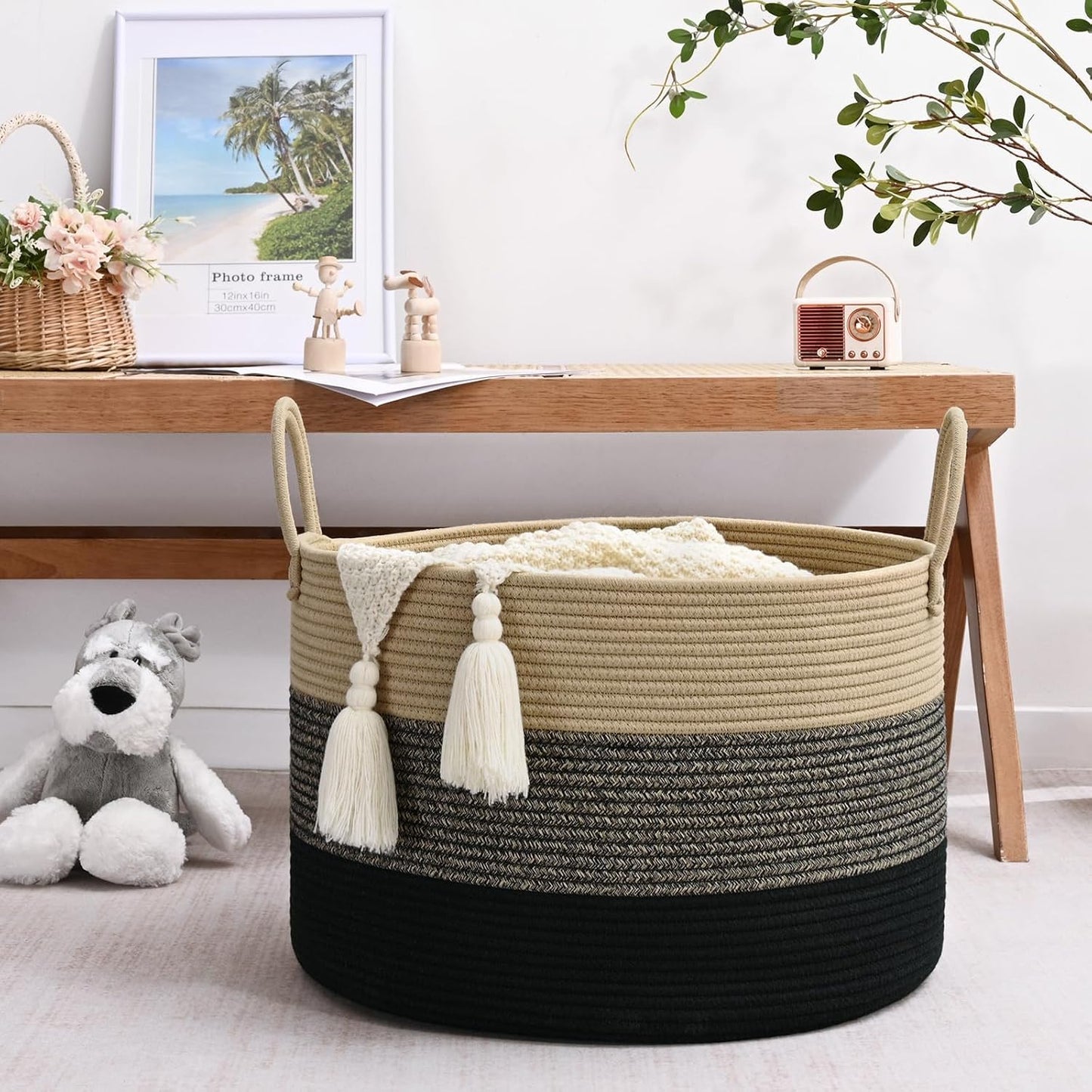 67L Large Woven Blanket Basket, Cotton Rope Baby Laundry Hamper with Handles, Kids Toy Basket for Classroom & Nursery, Soft Round Stuffed Animal Storage, Dog Toy Bin - 20"x13", Black & Brown