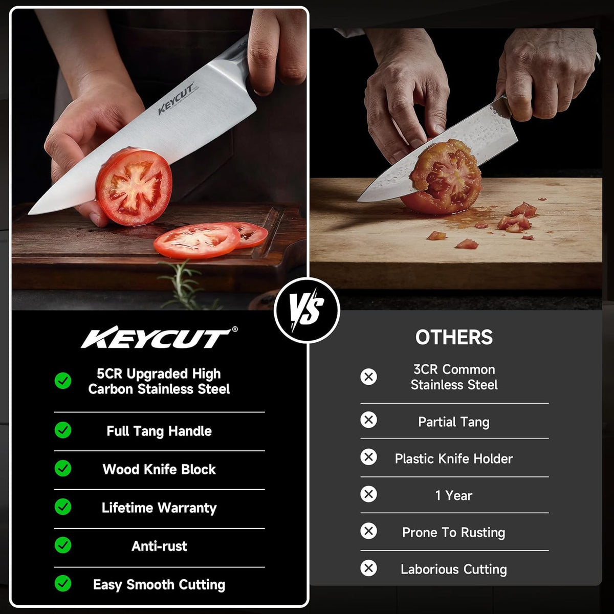KEYCUT 13 PCS Knife Set with Block, Upgraded 5Cr15Mov High Carbon Stainless Steel Kitchen Knife Sets with Block and Sharpener, Ergonomic Full-Tang Handle, Professional Kitchen Knife Set
