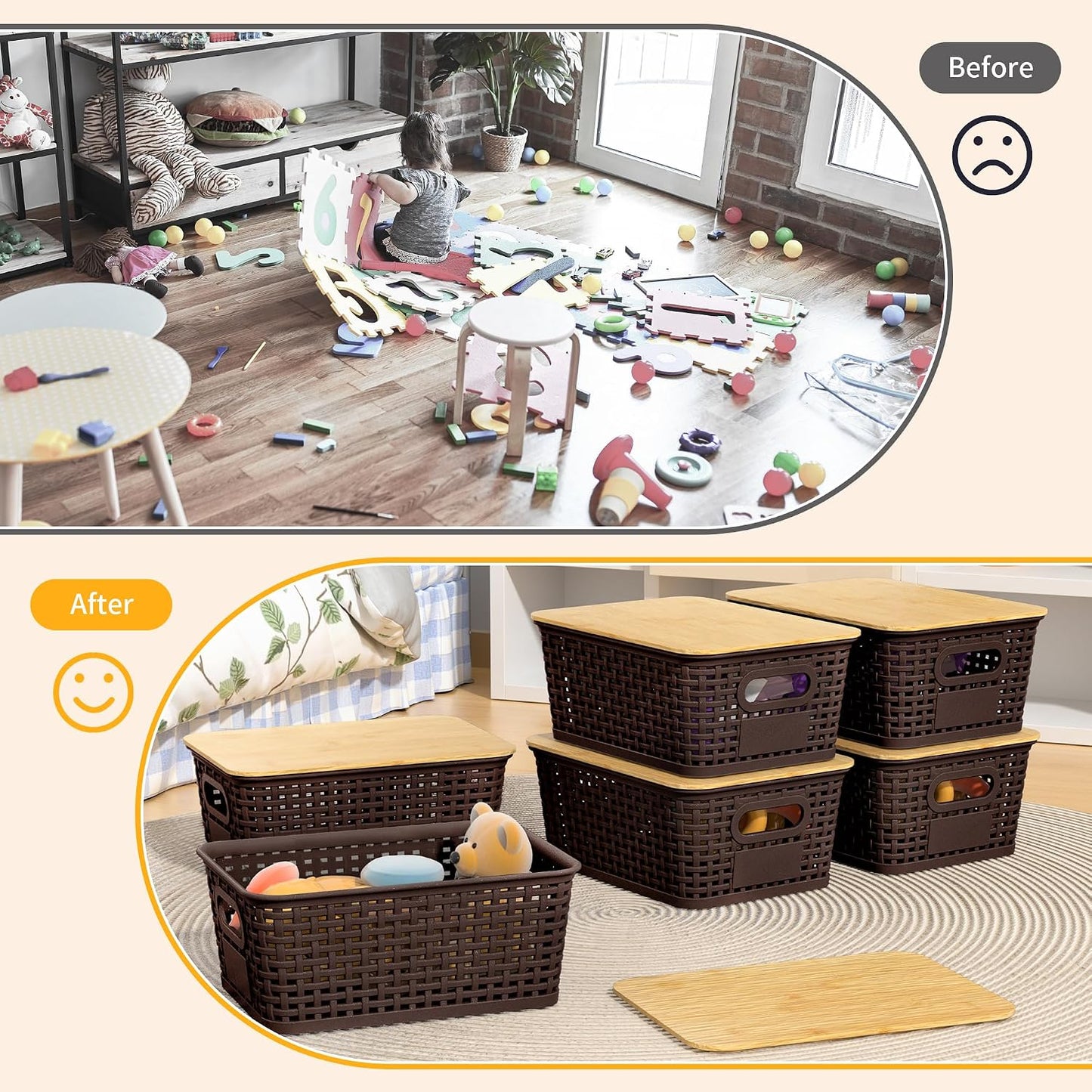 6 Pack Plastic Storage Baskets,Brown bamboo lid storage Box