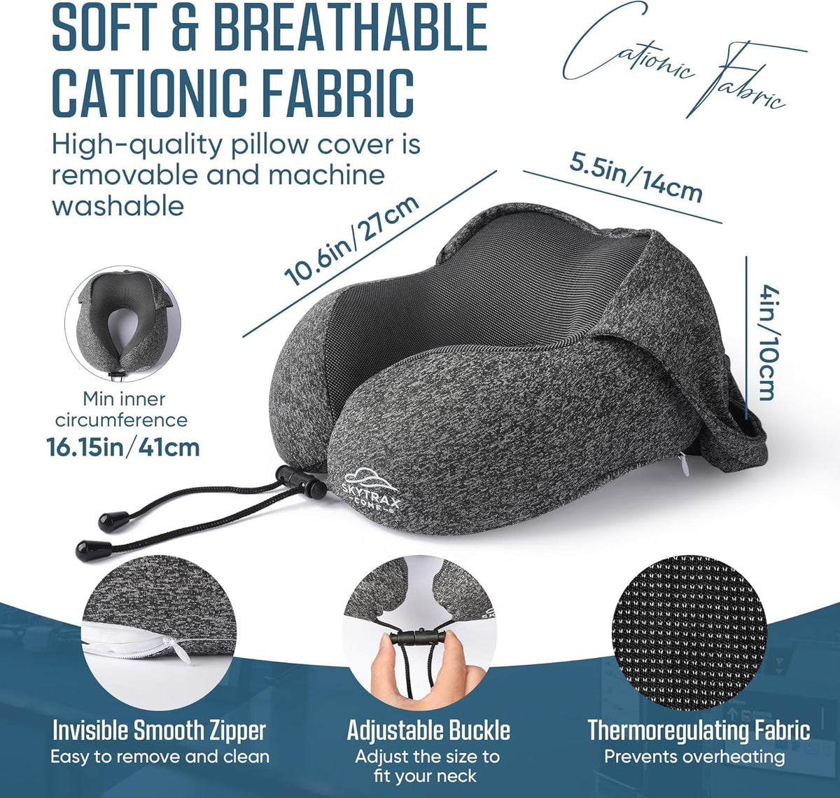 SkytraxComf® Travel Neck Pillow with Hood for Privacy on Long Flights | Memory Foam | Airplane Sleep | Safety-Tested Materials | Extra Large Hood | Chin Support | Earplugs | Washable Cover