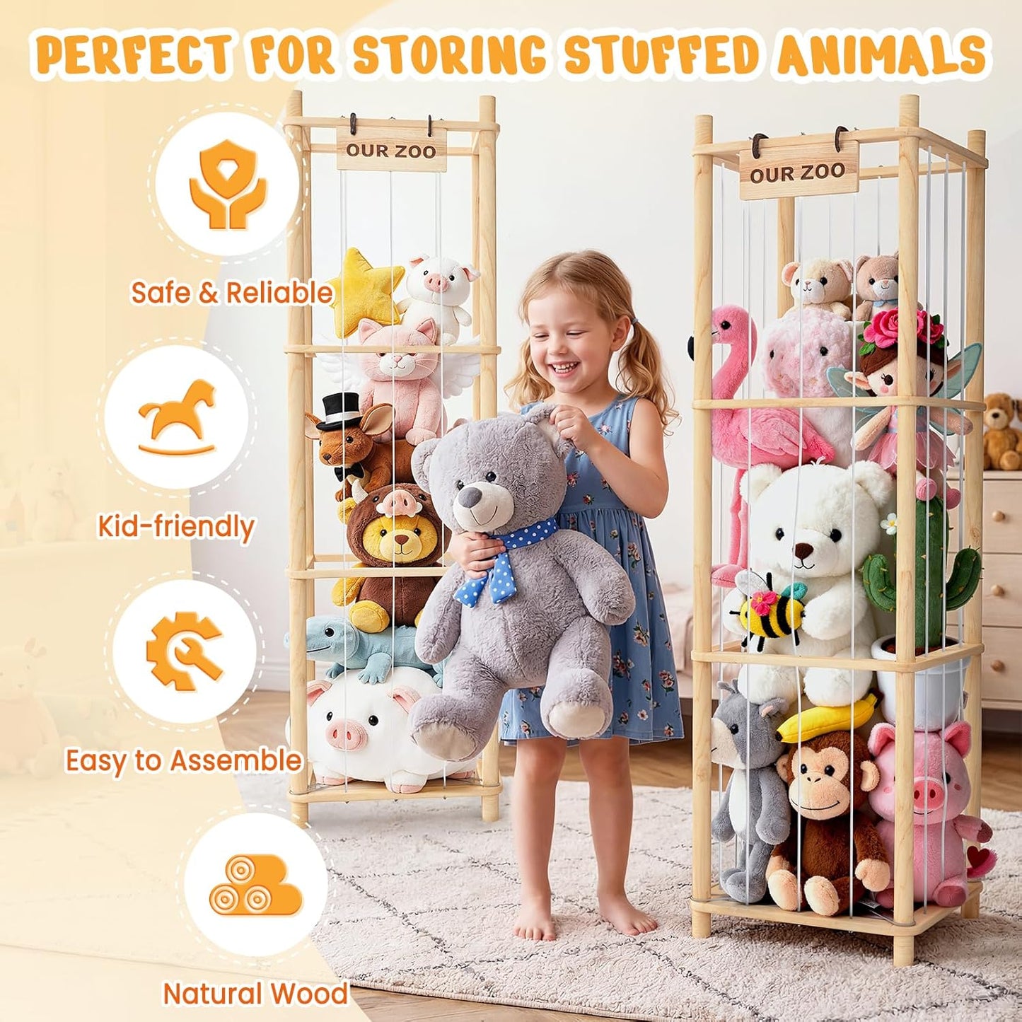 Woodure Stuffed Animal Storage & Organizer, Wooden Cute Zoo Toy Holder for Toddler Rooms, Playrooms & Bedrooms(2pcs)