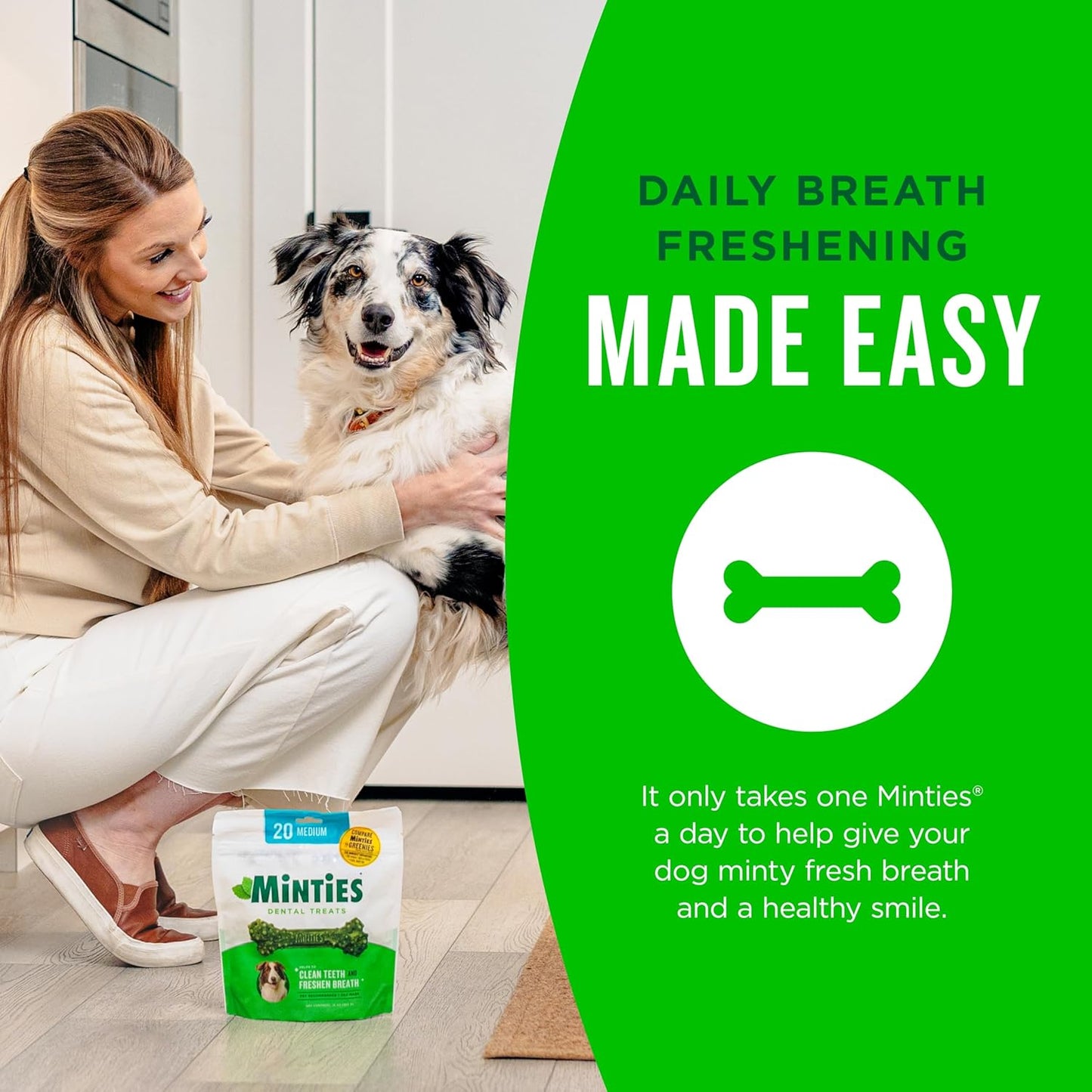 Minties Dental Chews for Dogs, 60 Count, Vet-Recommended Mint-Flavored Dental Dog Treats for Medium Dogs, Bones Clean Teeth, Fight Bad Breath, and Removes Plaque and Tartar