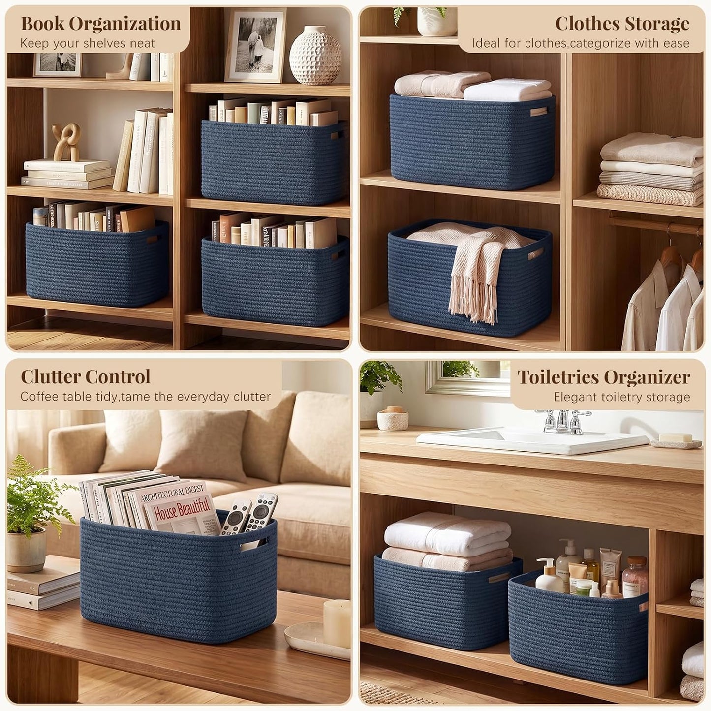 OIASKET 4Packs Natural Cotton Rope Storage Baskets for Organizing Toys, Clothes, Towels & Books, Soft Versatile Organizers for Shelves, Home Decorative Bins, 13''Lx9''Wx7.8''H, Blue