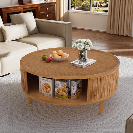30.5" Bamboo Weaving Round Coffee Table with Storage（Light Brown） | Solid Wood Legs, Boho Accent Center Table for Living Room, Bedroom Apartment