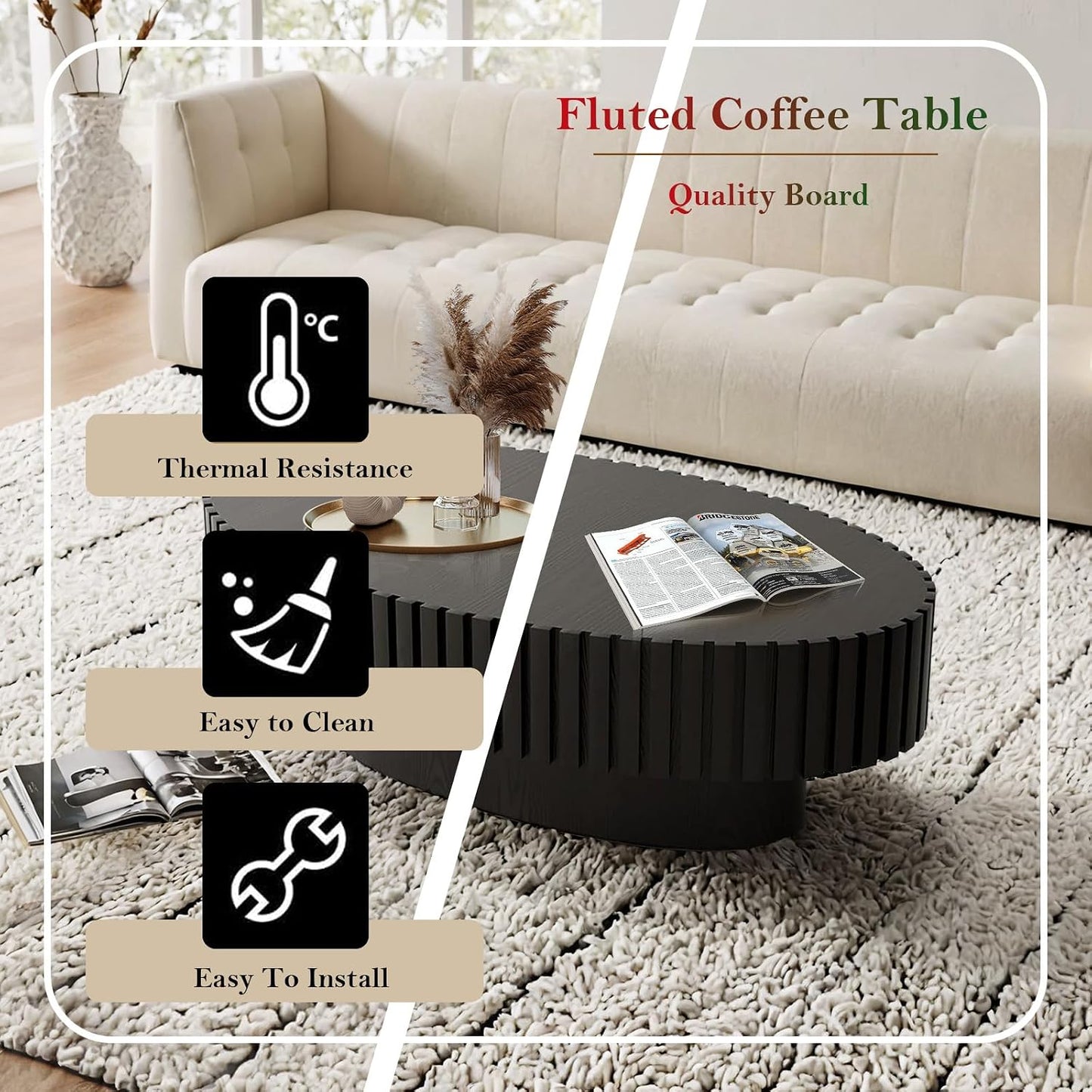 Handcraft Fluted Coffee Table with Sturdy Pedestal (Oval Black 43.3in) | 43.3" Oval Drum Center Tables | for Living Room Apartment Farmhouse | Easy to Assembly