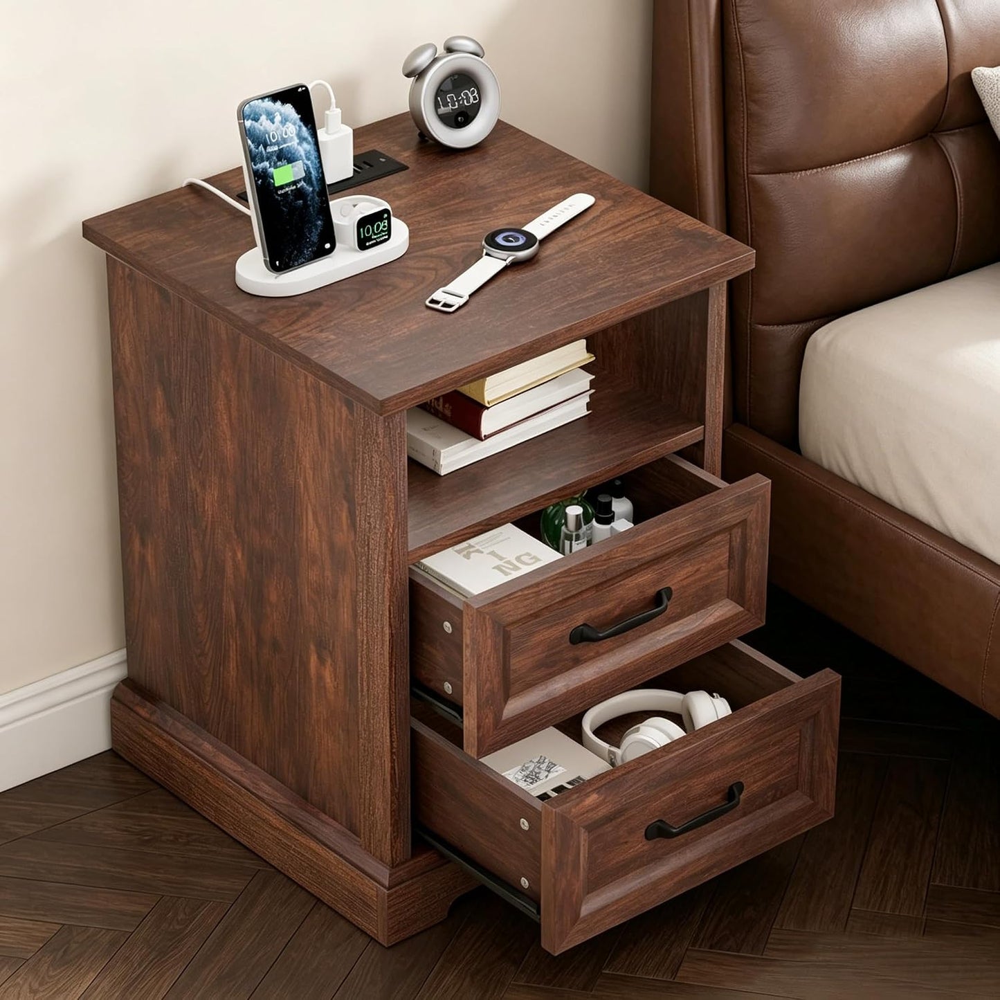 HOMMPA Farmhouse Nightstand w/Charging Station, Open Shelf 23.6''H Cherry