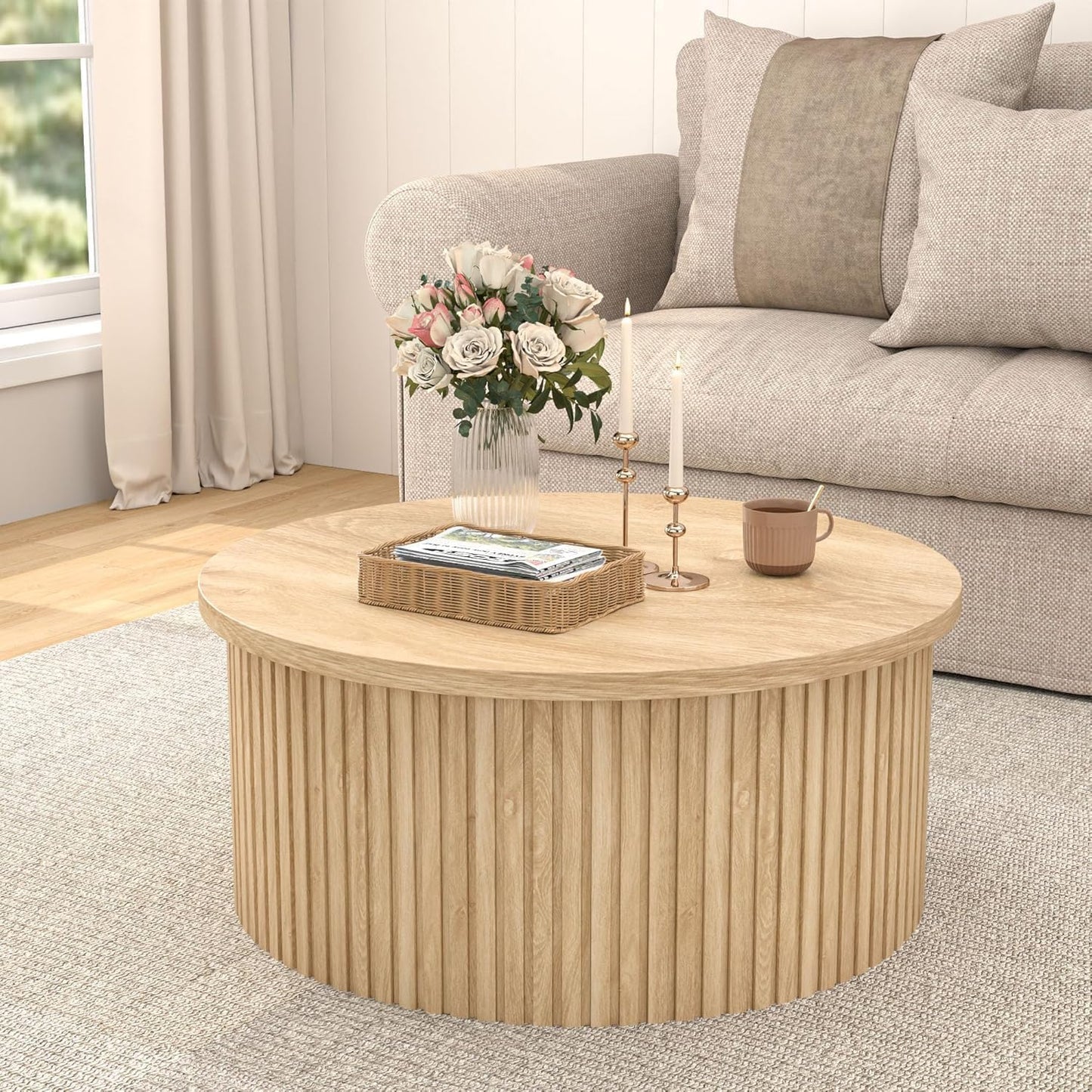 Fsbecl 34'' Round Fluted Lift Top Coffee Table with Hidden Storage, Oak | Wooden Center Table, Lift Top Coffee Table for Living Room, Home Decor
