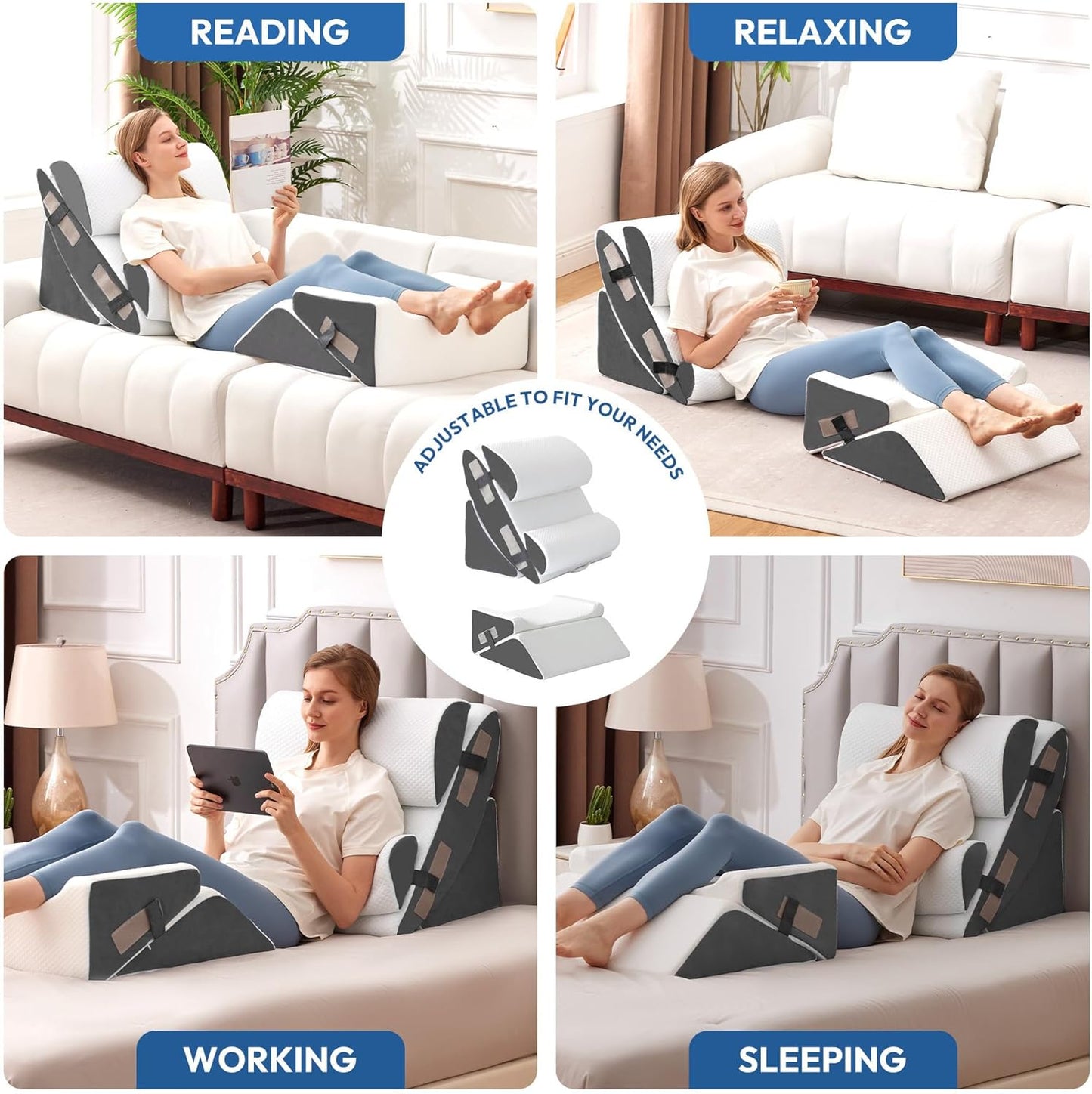 Ahpmeoa 6PCS Wedge Pillow Set for After Surgery, Bed Wedge Pillow Post Surgery, Bed Pillows for Sitting Up, Sleeping, Acid Relux, Memory Foam Back Pillow, Beds Wedges & Body Positioners, White/Grey