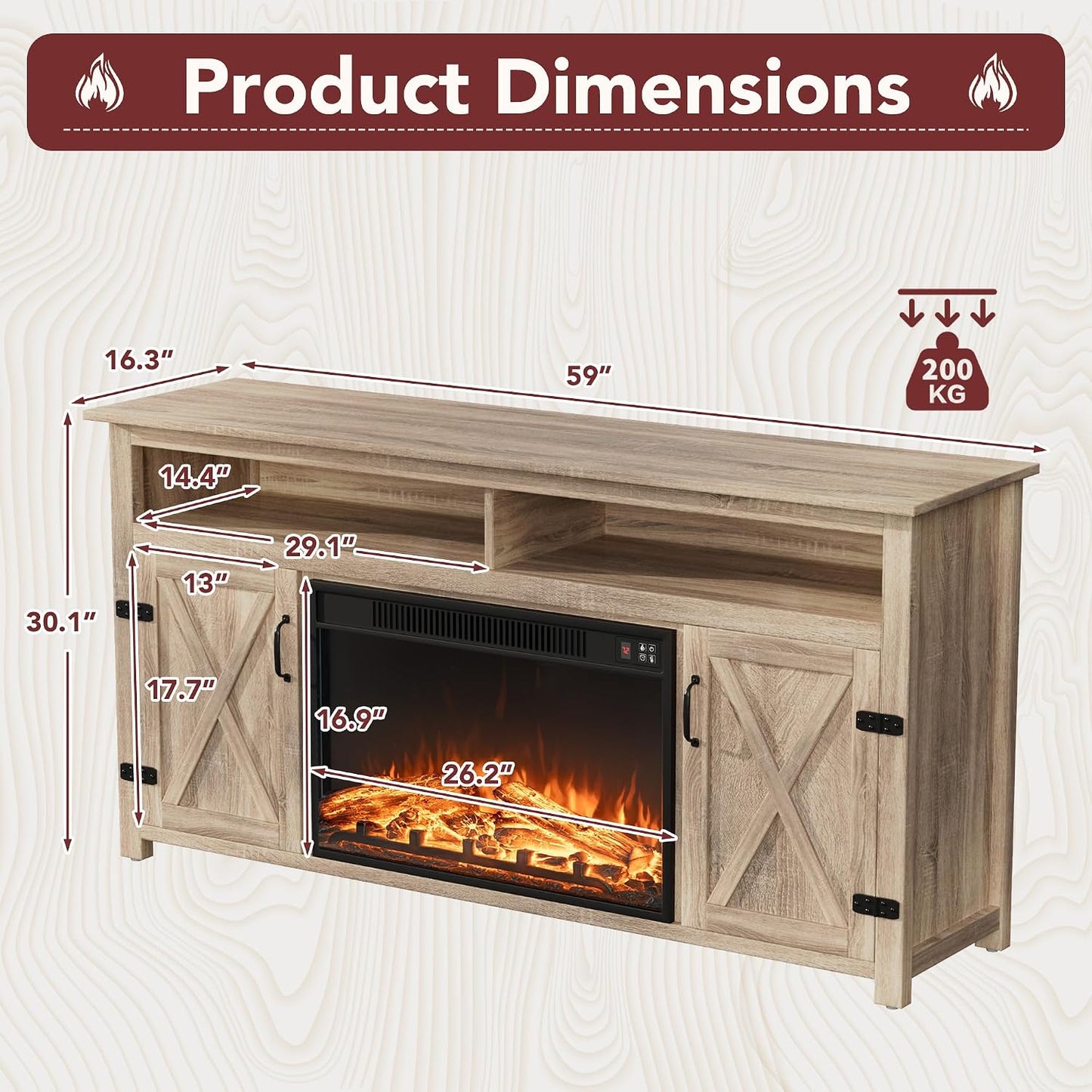 JUMMICO Fireplace TV Stand for TVs Up to 65+ Inch(Pale Yellow)