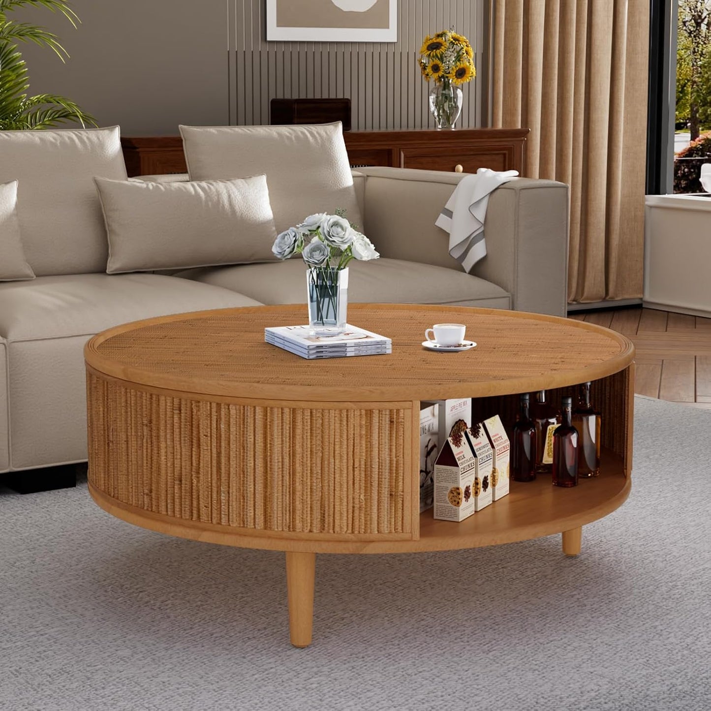Round Coffee Table with Opening Storage Space (H Bamboo Woven 30.5in) | Farmhouse Circle Center Table for Living Room Easy to Assemble & Maintain
