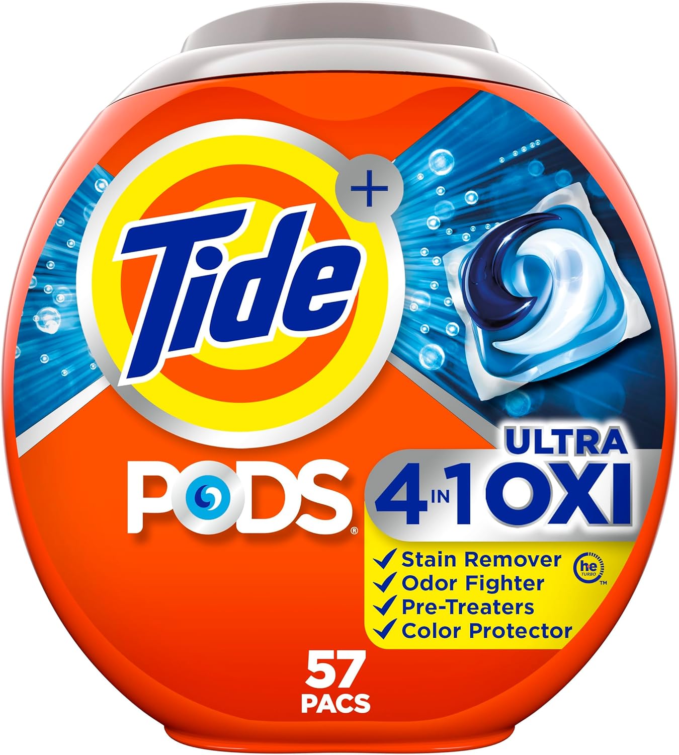 Tide 4-n-1 Ultra Oxi PODS Laundry Detergent Pacs, 57 Count, HE Compatible, Built in Pre-treater for Stains