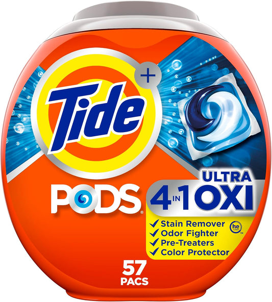 Tide 4-n-1 Ultra Oxi PODS Laundry Detergent Pacs, 57 Count, HE Compatible, Built in Pre-treater for Stains