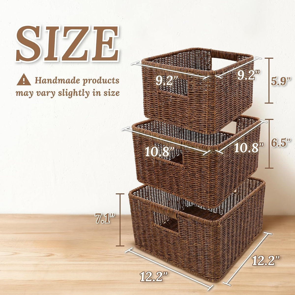 WeeNest Baskets with Handles, Wicker Storage, Shelf Boxes for Organizing, Decorative Resin, Set of 3, Toffee
