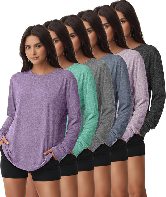 Kinglaman 6 Pack Women's Long Sleeve Workout Dry Fit Shirts, UPF 50+ Rash Guard SPF UV Sun Protection Swim Tee Shirts