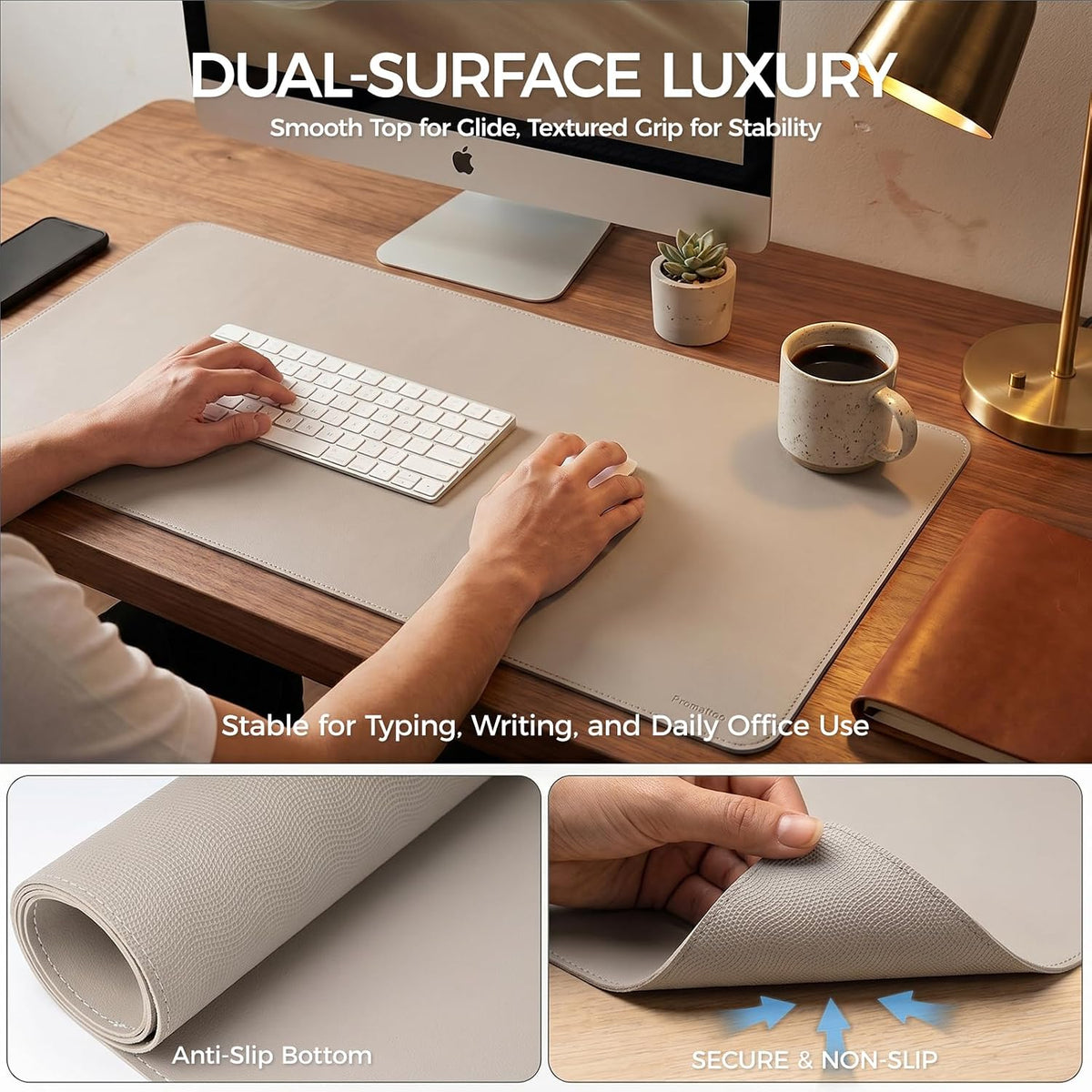 Large Desk Pad Non-Slip Desk Mat Protector for Keyboard Mouse Waterproof Vegan Leather Surface Faux Leather Laptop Mat Smooth Mouse Pad Premium Gift Tube Stone Gray 23.6" x 13.7"
