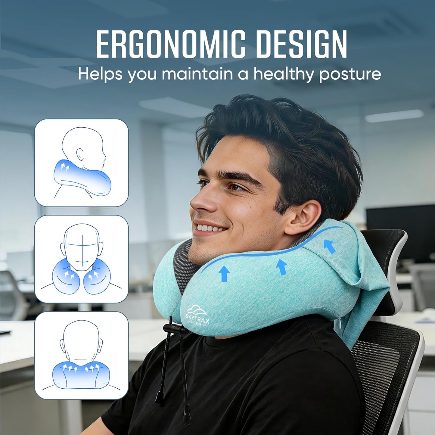 Travel Pillow with Extra Large Hood for Airplane Long Flights Privacy and Comfort Memory Foam with Skin-Friendly Cover for Road Trip Head&Neck Support for Plane Office Cars Sleeping & Rest (Mint Blue)