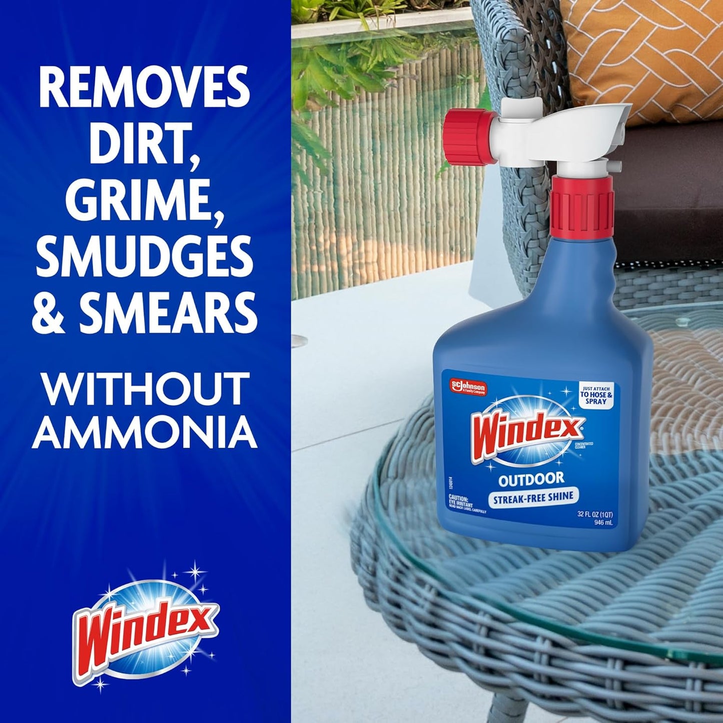 Windex Outdoor Window and Glass Cleaner for Hose Ammonia Free, Concentrated Formula for Deep Outdoor Clean, Patio Cleaner, Compatible With All Hoses, 32 Fl Oz (Pack of 2)