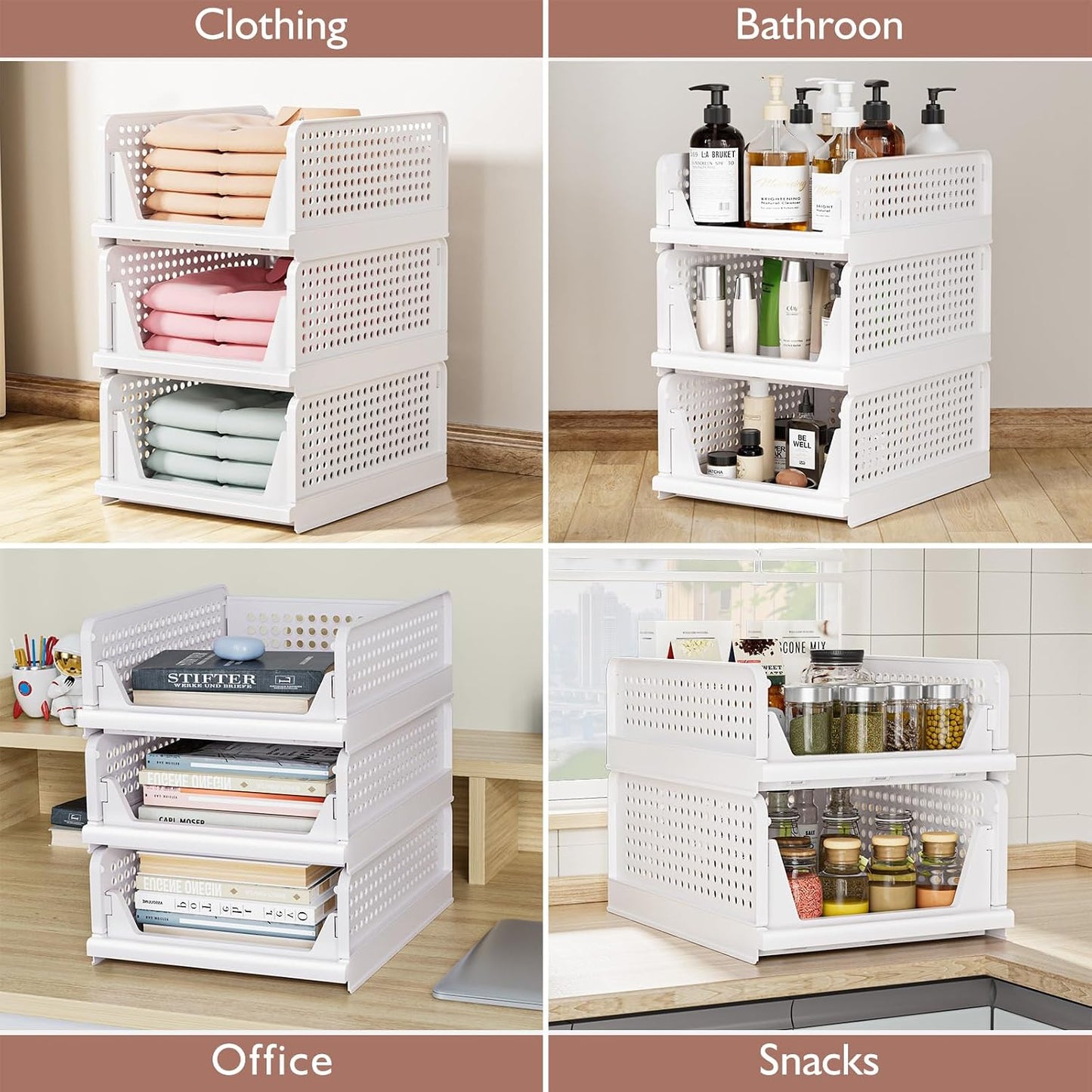 4 Pack Folding Closet Organizers Storage Box, Stackable Storage Bins, Plastic Drawer Basket Closet Storage for Wardrobe Cupboard Kitchen Bathroom Office White-4L