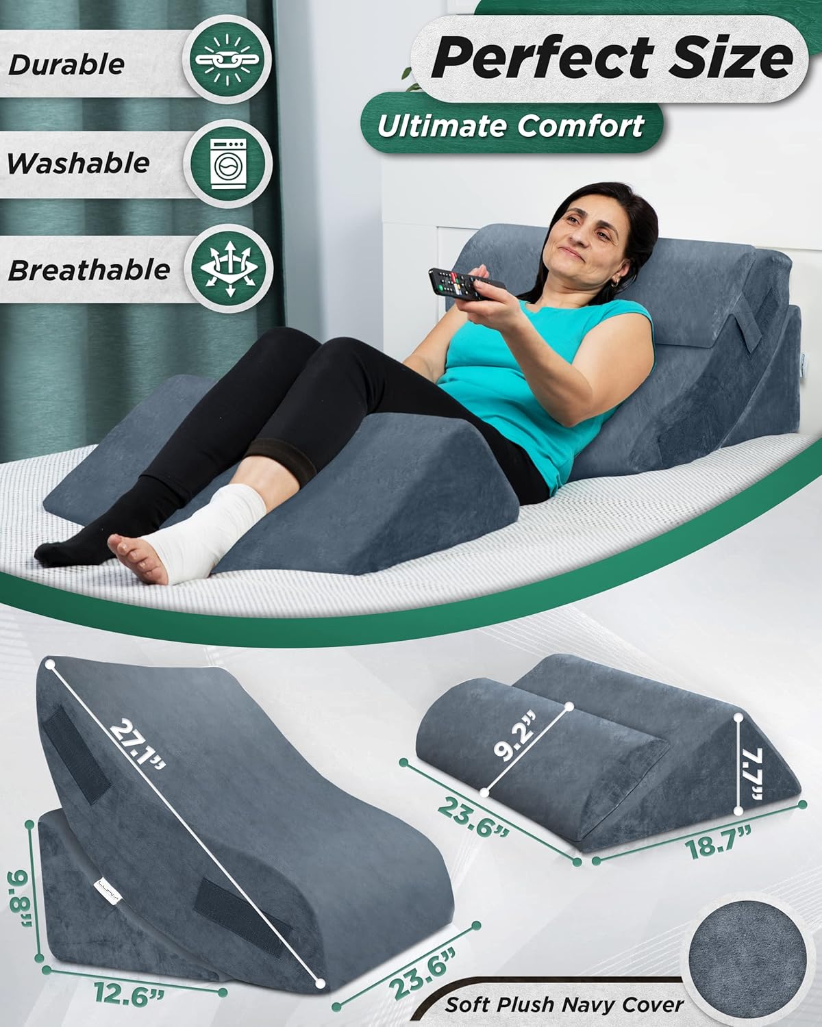 Lunix LX5 4-Piece Support for Shoulder & Upper Body Rest, Orthopedic Bed Wedge Pillow Set, Elevated Memory Foam for Post-Op Recovery & Sleep Comfort, Stone Navy