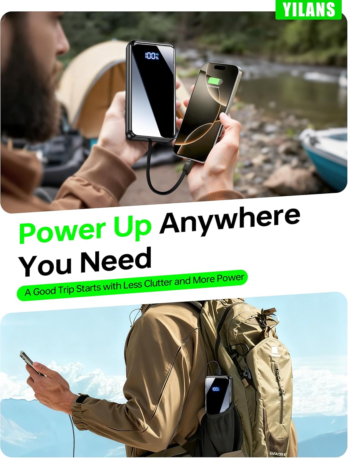 Portable Charger,50000mAh Power Bank Built-in Cable, 22.5W PD USB C In & Out Fast Charging, External Battery Pack with 6 Output & 2 Input, Travel Camping Essential for iPhone 17/16/15/14/13/12(Onyx)