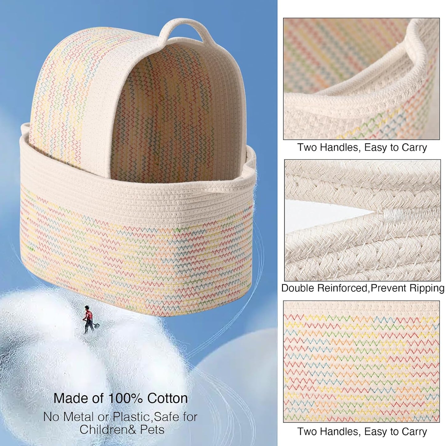 DUHEL Cotton Rope Woven Storage Basket(White&Colored Stitching-3Pcs) | Used for Baby Hamper Toy Organizer, Gift Baskets Empty,Kids,Baby,nursery. Size 15x10x8.7 Inches.