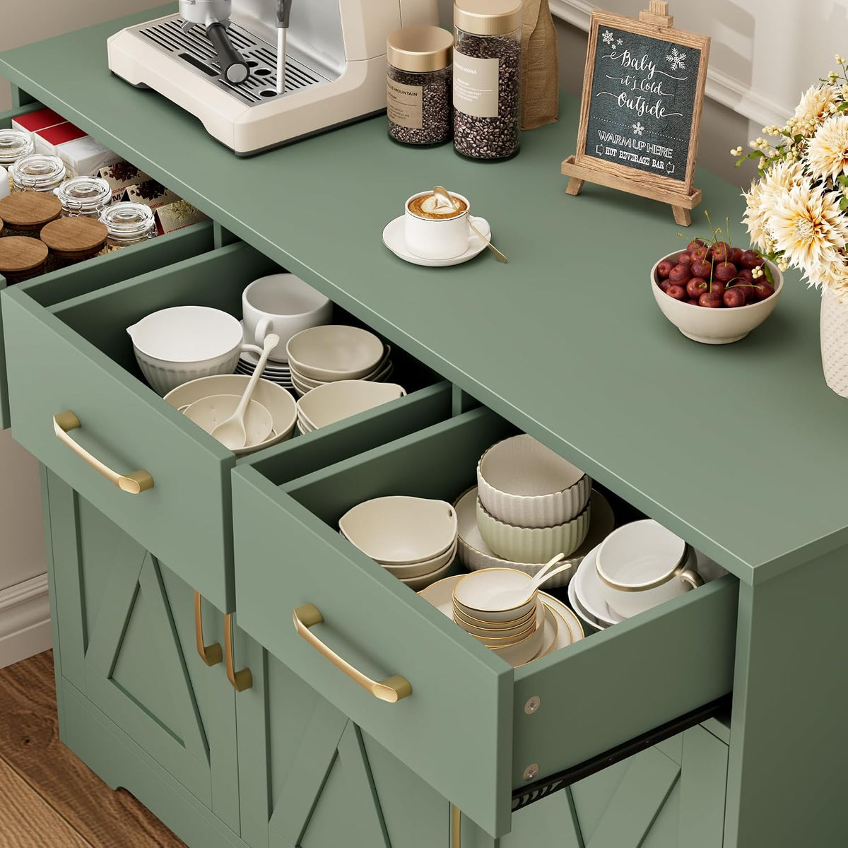 HOSTACK Kitchen Buffet Cabinet with Storage, Sideboard Coffee Bar, Green | Farmhouse Kitchen Storage Cabinet with 3 Drawers & Adjustable Shelf, 42.5"W Buffet Table for Dining Living Room