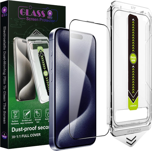 2 Pack Ultra HD Clear Screen Protector for iPhone 15 Pro (6.1-Inch),9H Tempered Glass,Full Coverage,Anti-Fingerprint,Auto Dust Removal,Bubble-Free,Easy Installation