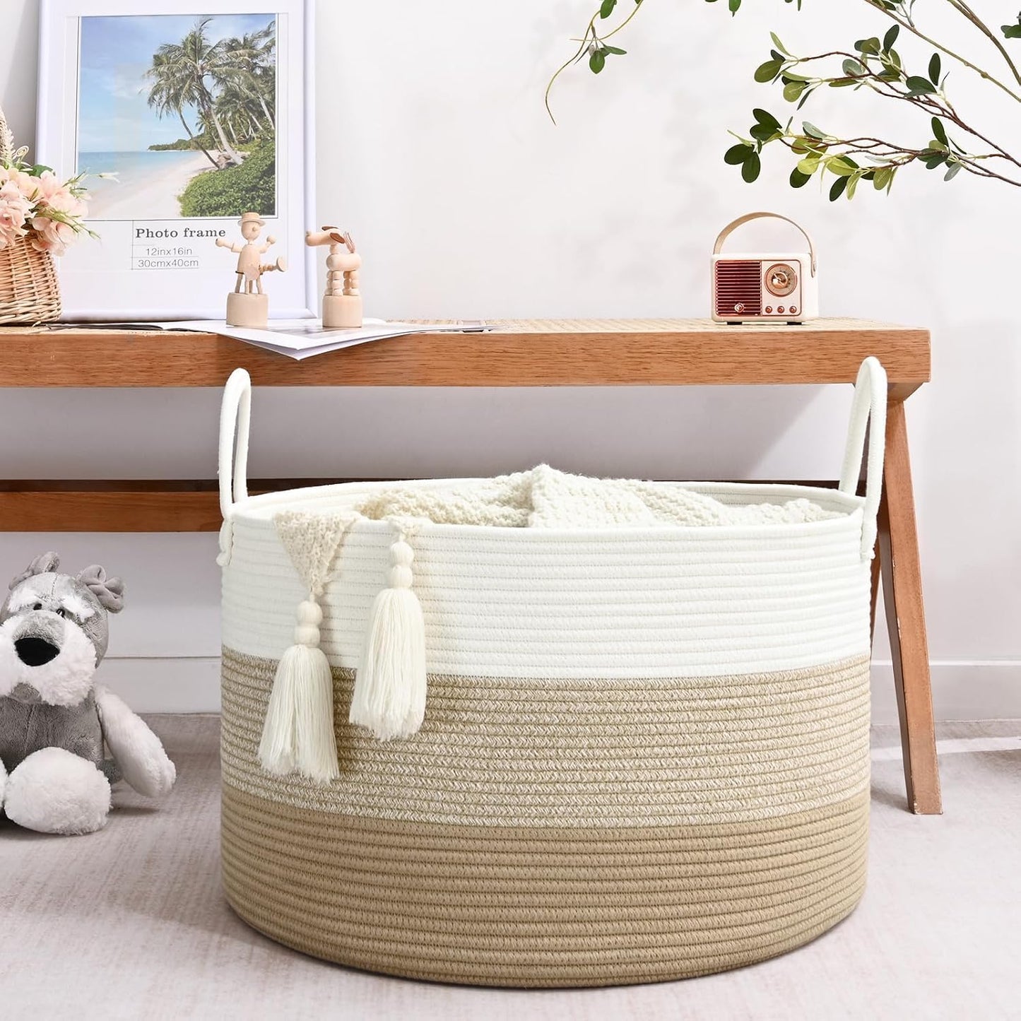 67L Large Woven Blanket Basket, Cotton Rope Baby Laundry Hamper with Handles, Kids Toy Basket for Classroom & Nursery, Soft Round Stuffed Animal Storage, Dog Toy Bin - 20"x13", Gradient Brown
