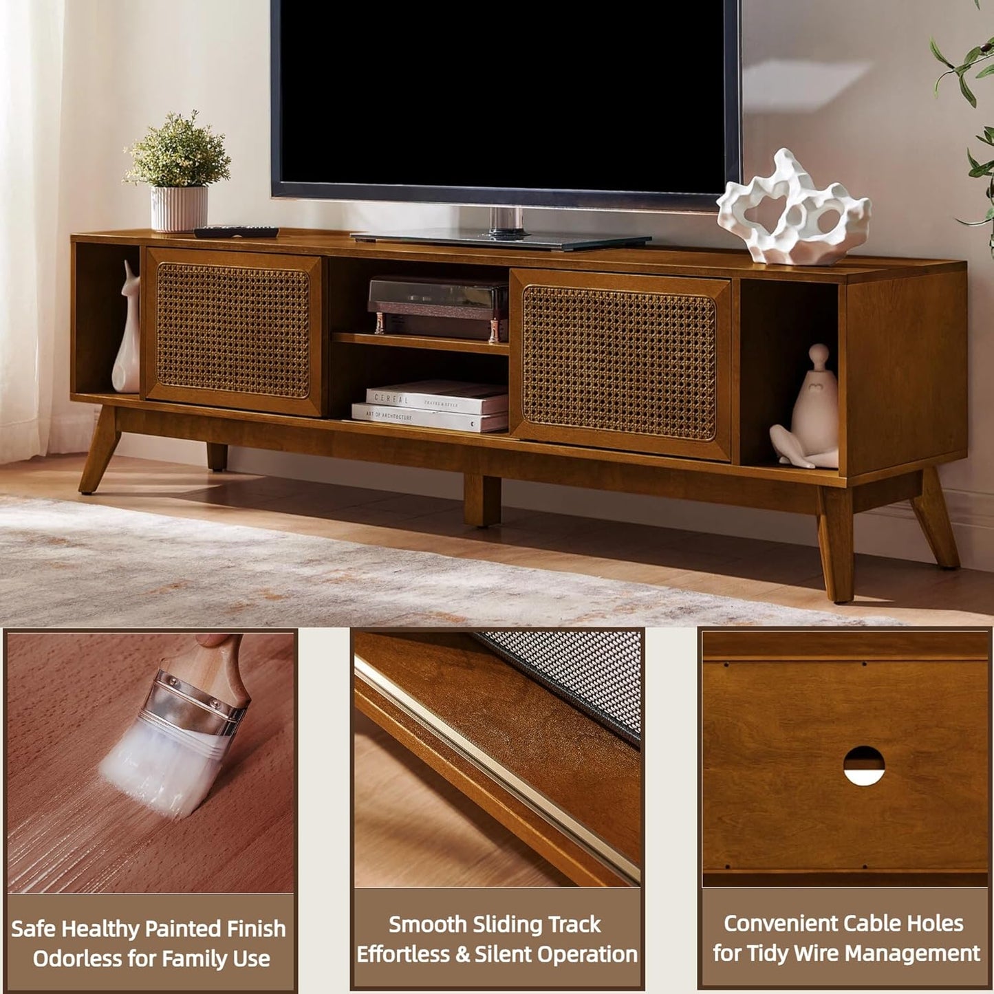 LKTART 68" Mid Century Modern TV Stand,Rattan Media Console for Living Room | Real Wood Veneer Entertainment Center,Long Boho Media Console Mid Century TV Stand for 60/65/70/75 inch TVS,Light Walnut