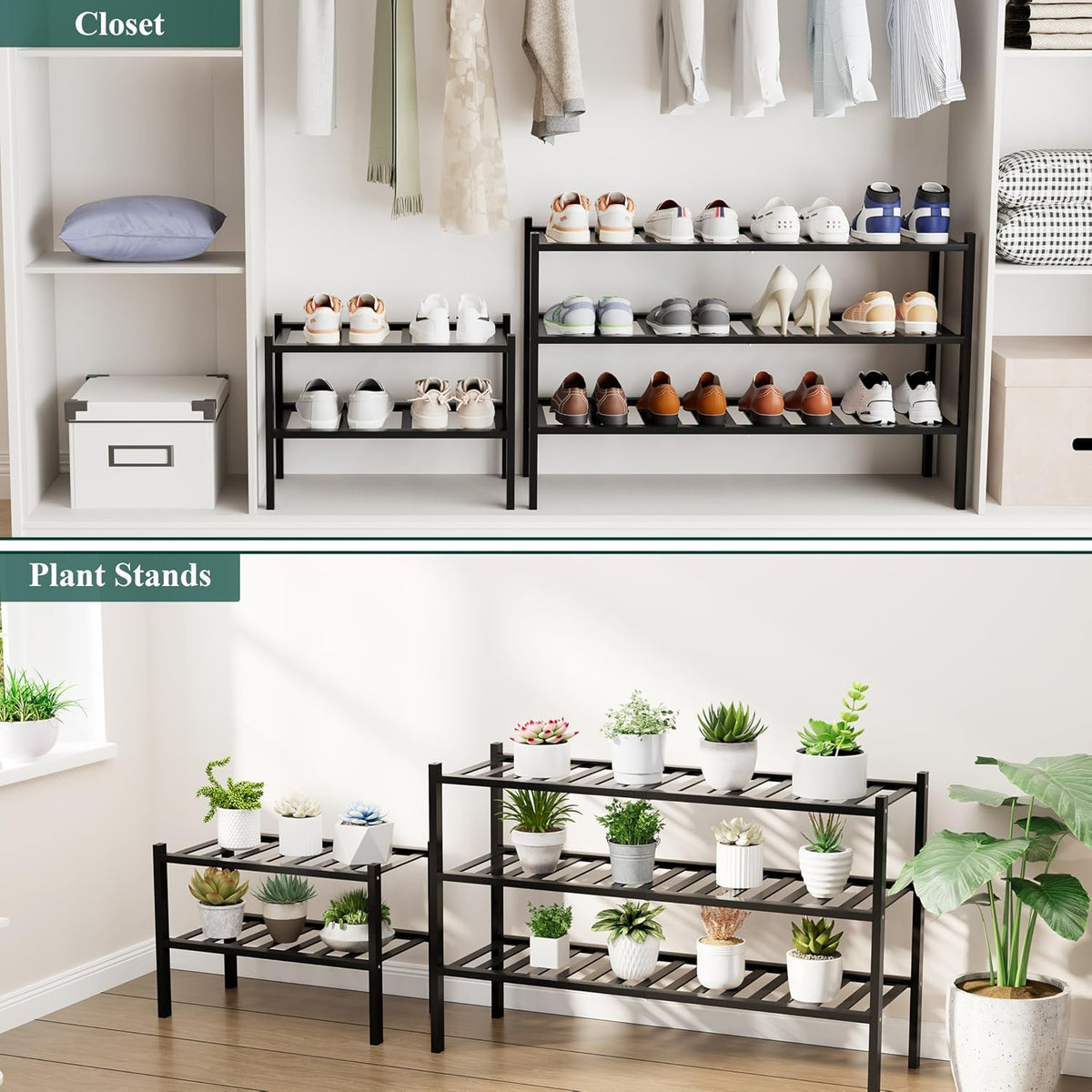 Smiry Bamboo Shoe Rack, 8 Vertical Slats, 2 Tier - 17.3" Wide, Black
