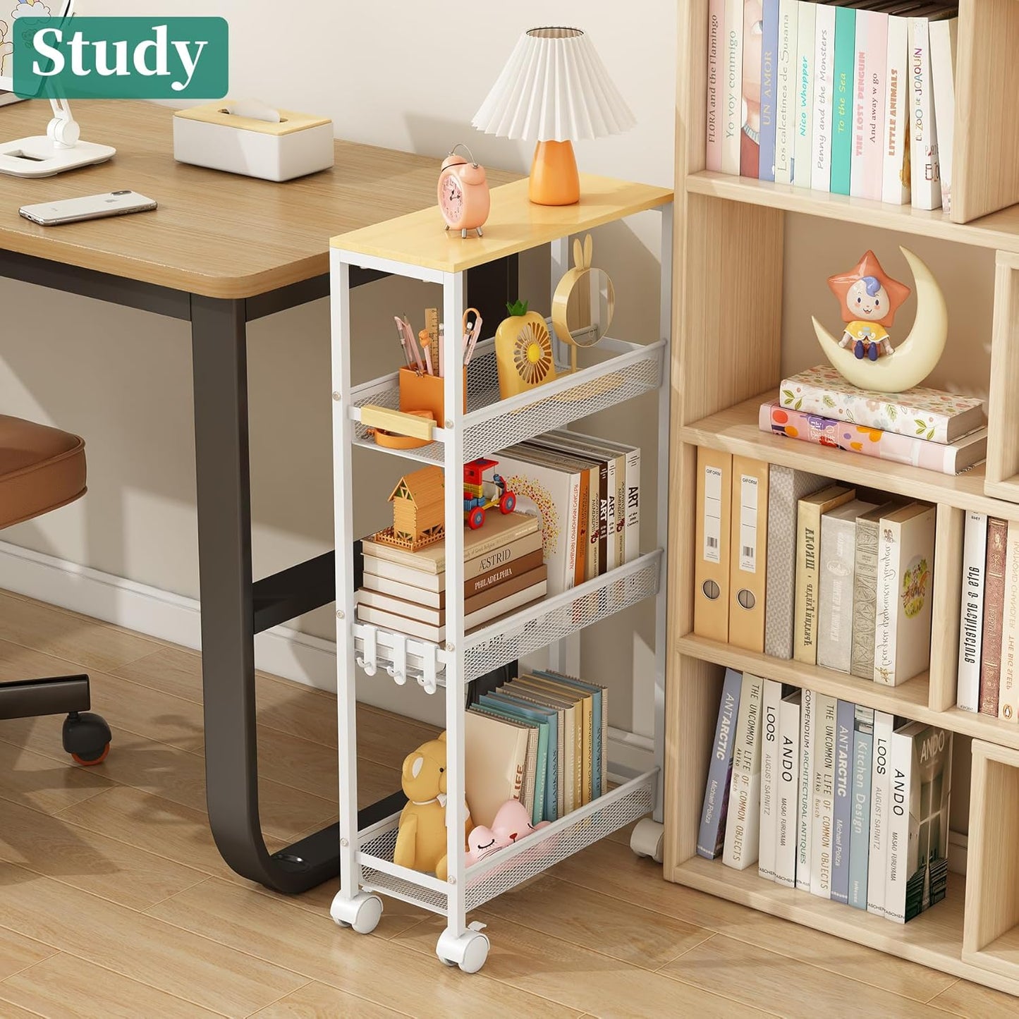 TIPGO Utility Slim Storage Cart, 4 Tier Rolling Cart with Wheels, Narrow Storage Cabinet for Bathroom, Laundry Shelves for Room Organization, Small Organizer for Kitchen, Office and Dorm (White)