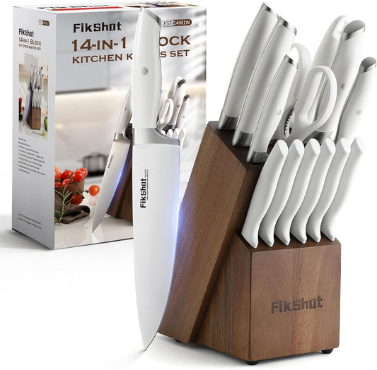 Fikshot 14-Piece Knife Set – German High Carbon Stainless Steel, Professional Chef Knives with Block & Sharpener, Elegant White, Dishwasher-Safe, Modern Kitchens, Ideal Gift for Chef & Father's Day